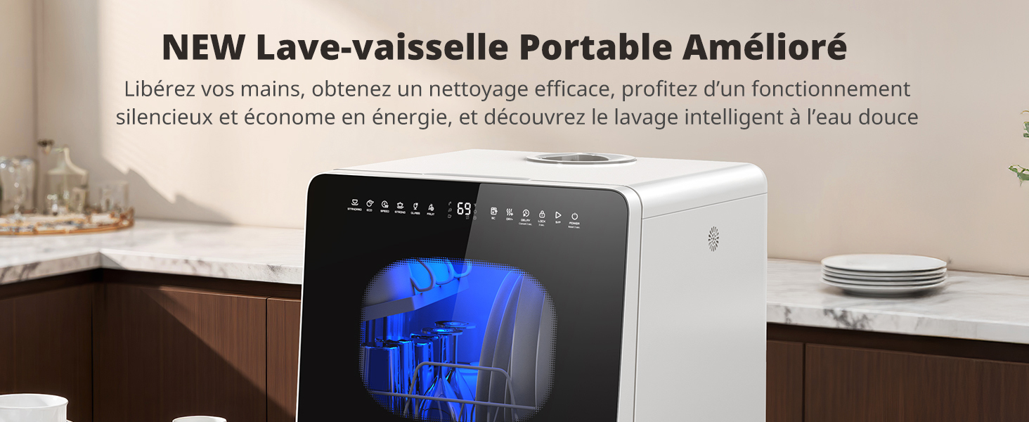 Le texte indique « NOUVEAU Lave-vaisselle portable Amélioré ». Lave-vaisselle portable compact avec écran LED bleu affiché en mode cuisine.