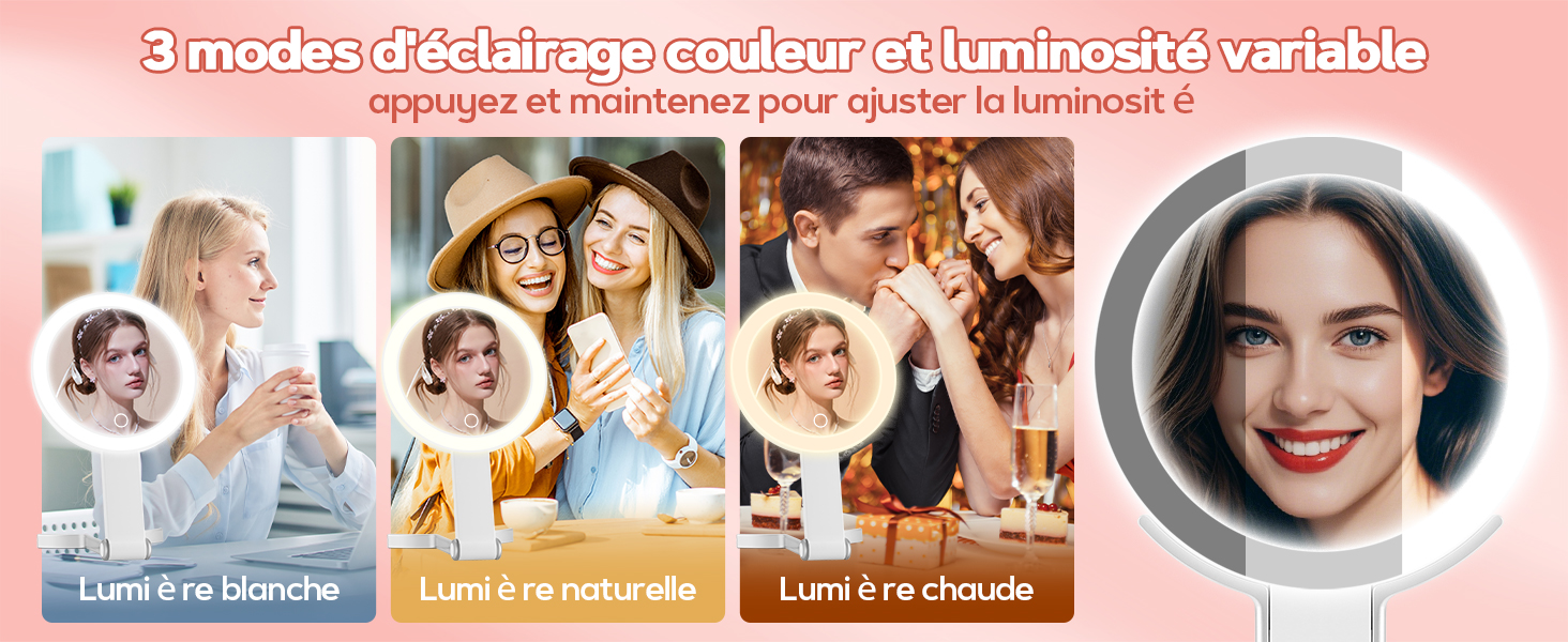 Image marketing montrant quatre cadres photo circulaires sur fond rose et texte « 3 modes d'effets photographiques rendront la couleur variable ».