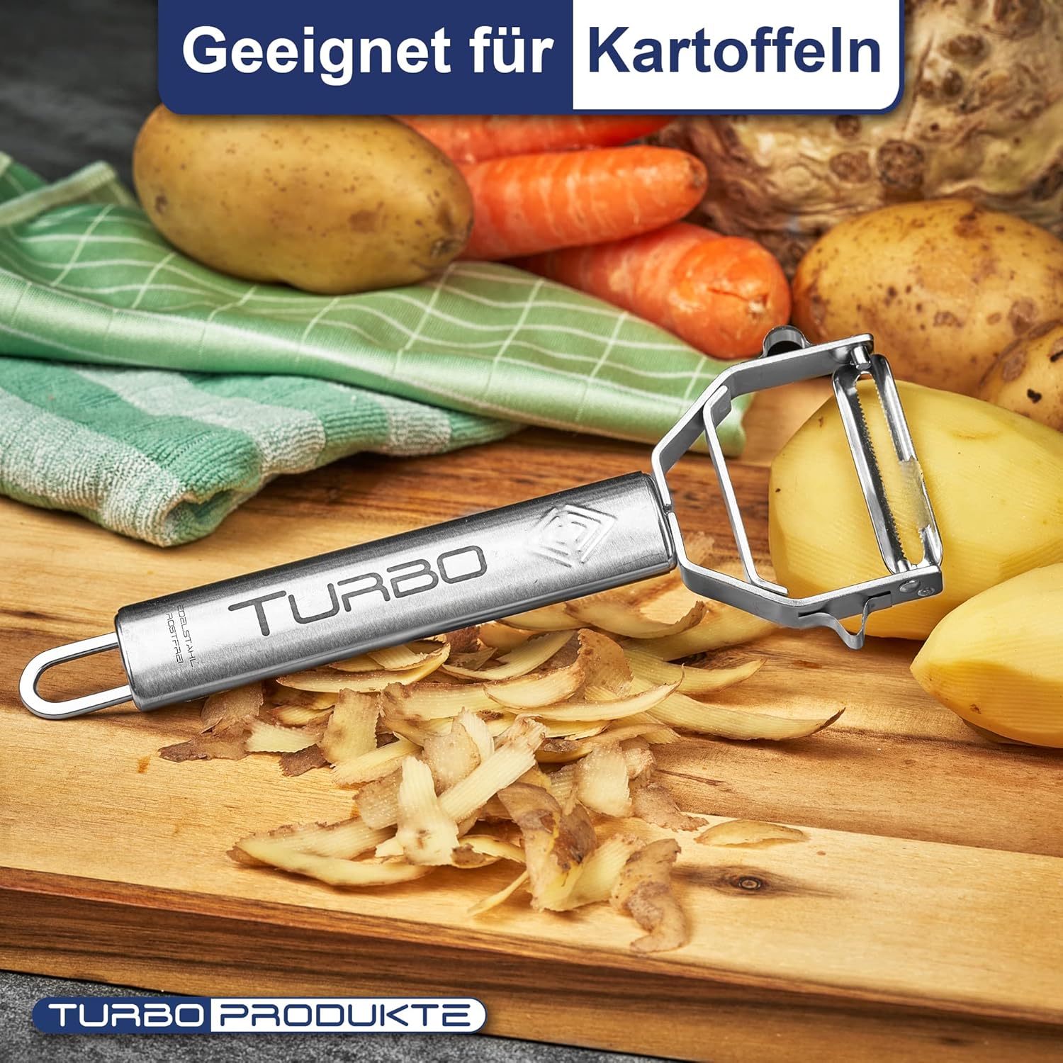 TURBO PRODUKTE - Éplucheur universel inox 3 en 1, lame pivotante, ambidextre, blanc mat