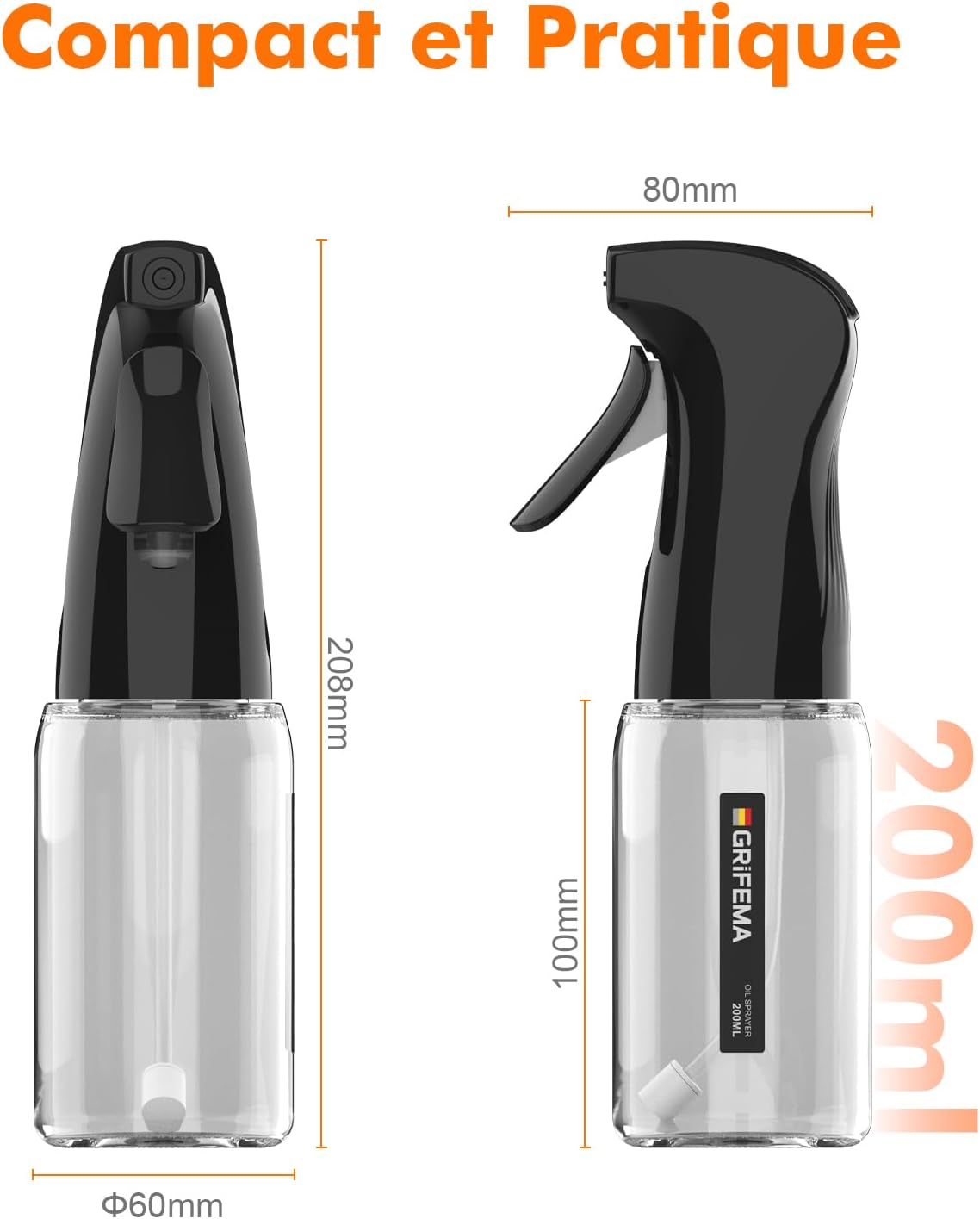 GRIFEMA - GE2003B - Pulvérisateur Huile Verre 200 ml - Jet réglable, nettoyage facile, noir
