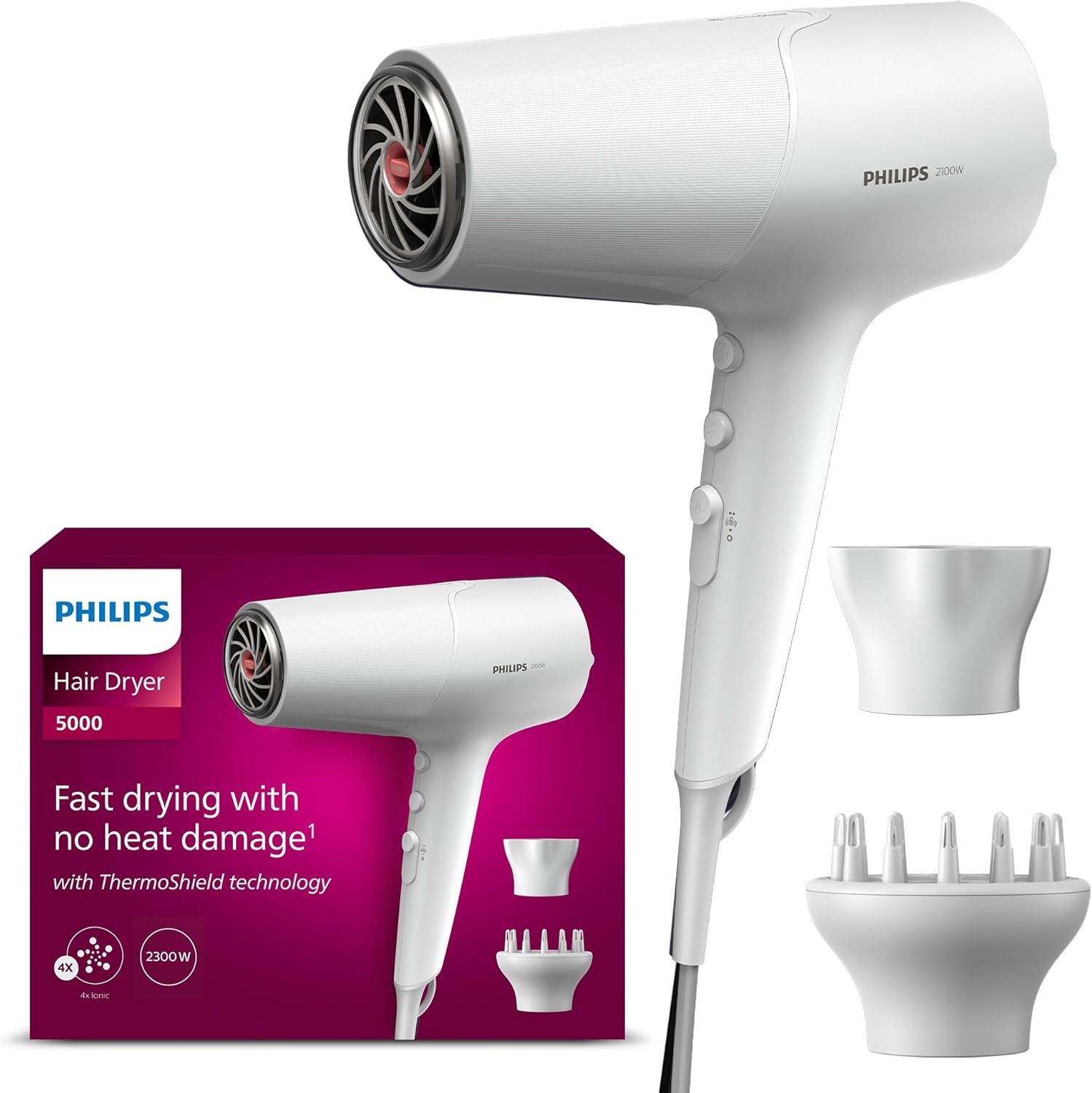 Philips - 5000 Series - sèche-cheveux, 2100W, ThermoShield, ionique, concentrateur, diffuseur - BHD500/20
