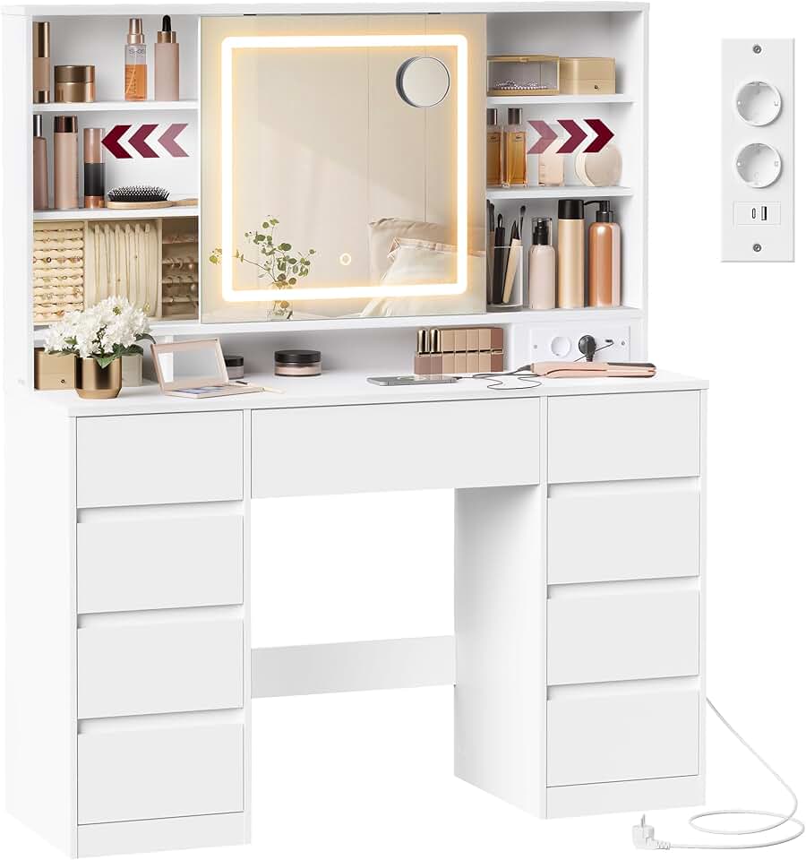 VASAGLE - Kailyn Collection - coiffeuse LED, 9 tiroirs, blanc, RDT137W01