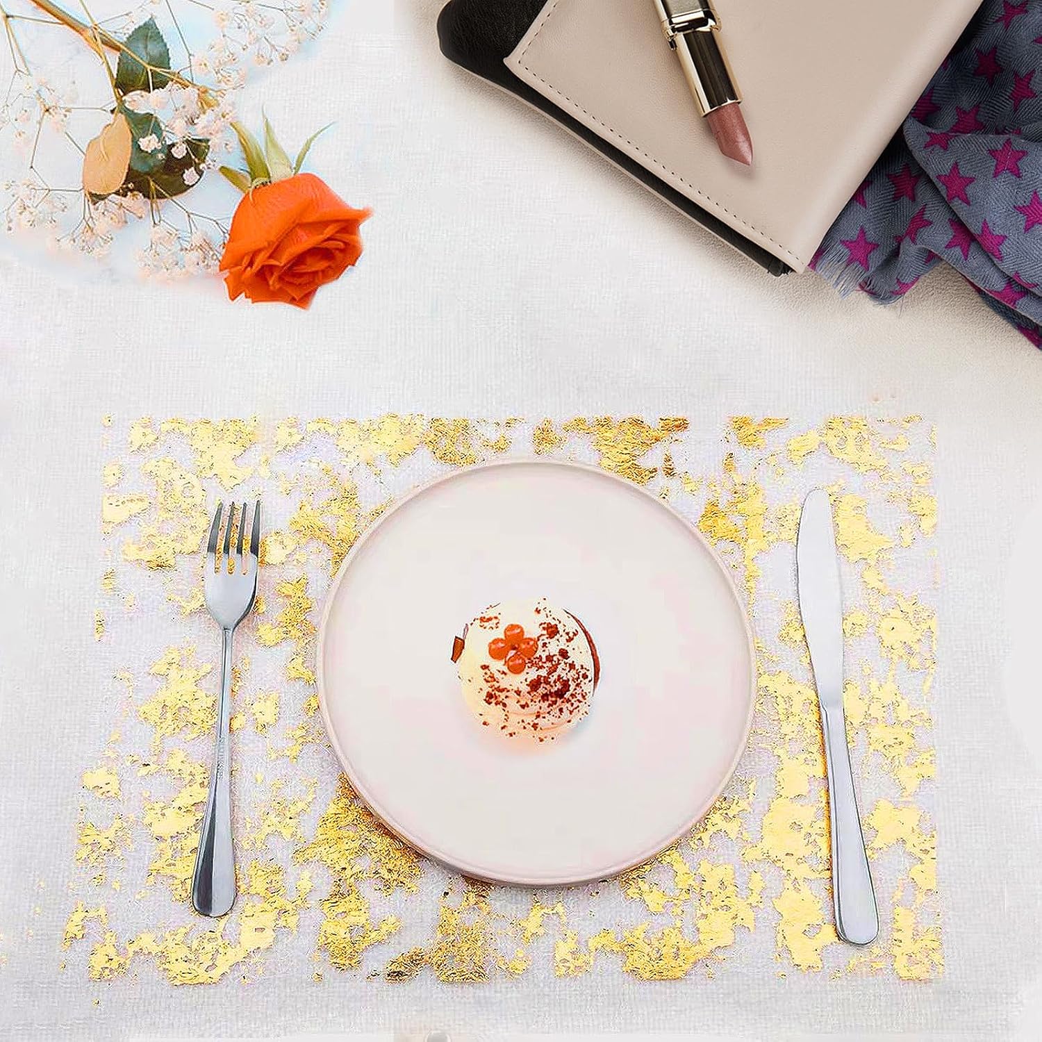 Chemin de Table Filet - feuille d'or - 28x1000cm - polyester, lot de 2