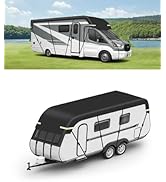 de caravanes et de camping-cars présentant différents modèles dans des environnements réels et des vues en 3D, avec des finitions extérieures blanches