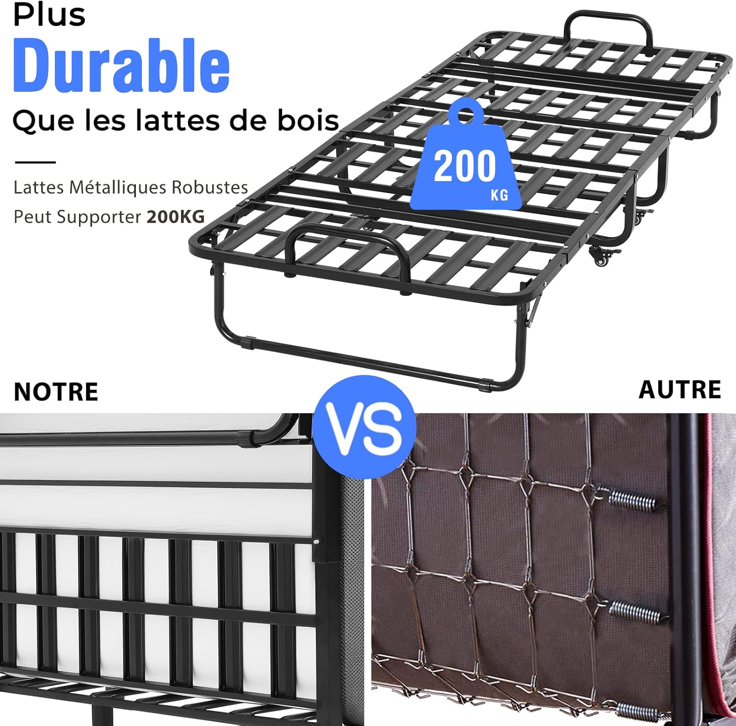 DICTAC - lit pliant adulte 90x200 cm, mousse mémoire, facile à assembler