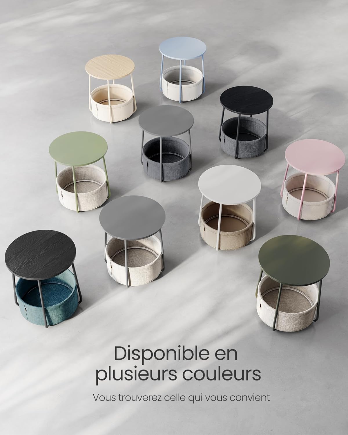 VASAGLE - Table basse ronde LET223W10 - compacte, panier tissu, blanc mat, marron, moderne, salon/chambre