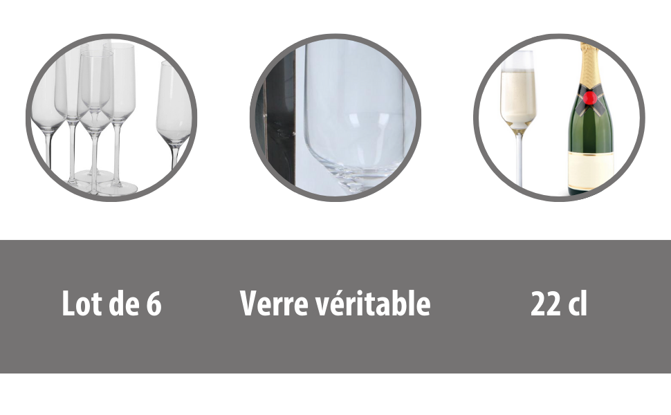 Le texte indique « Lot de 6 », « Verre véritable », « 22 cl ». Série d'icônes circulaires ou d'indicateurs illustrant les caractéristiques du produit.