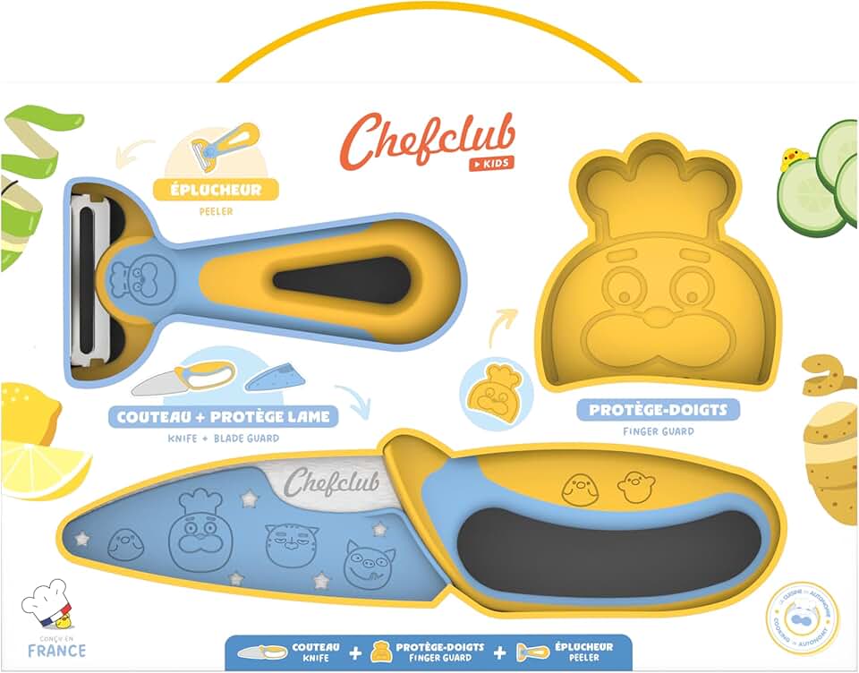 Chefclub Kids - Coffret cuisine enfants inox, lame ronde, éplucheur bi-directionnel, 4 ans+