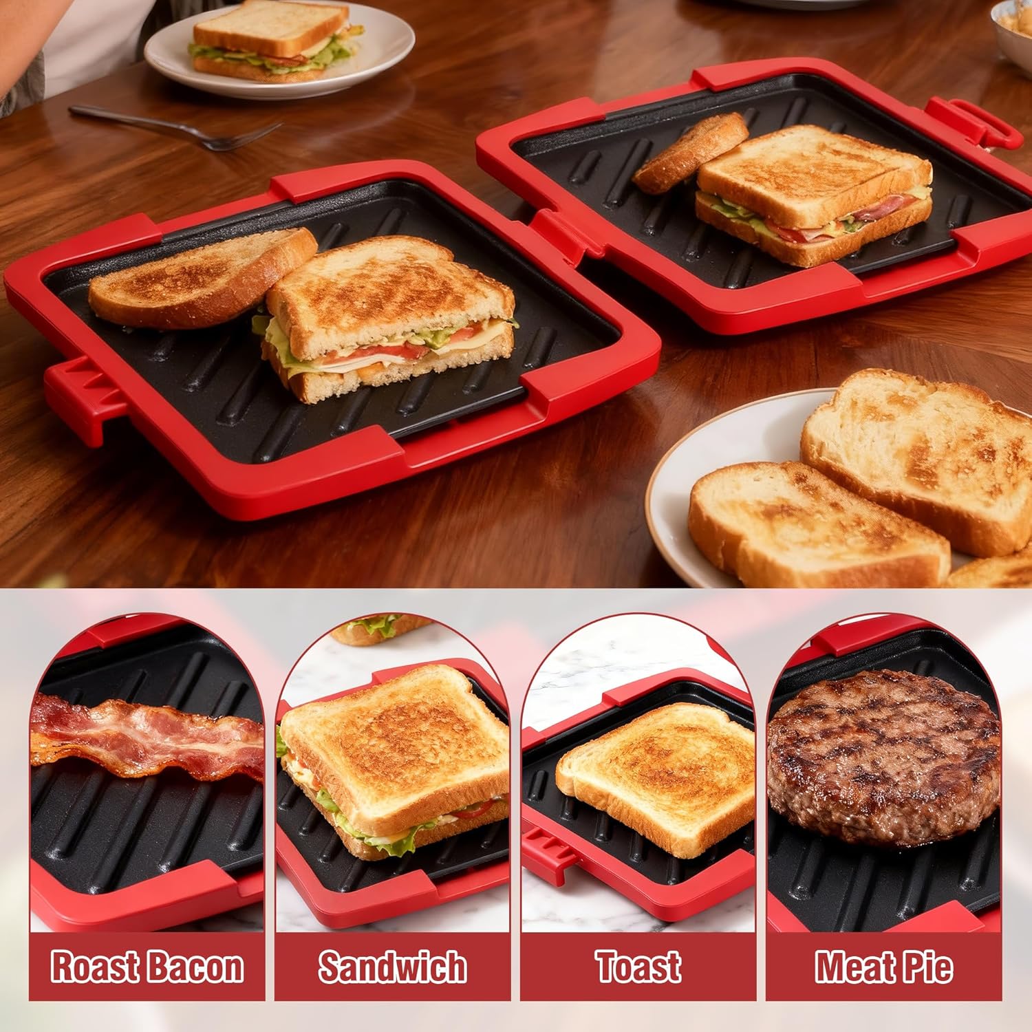 Appareil à croque-monsieur - 16x16 cm - plaques amovibles aluminium, coque silicone, usage micro-ondes