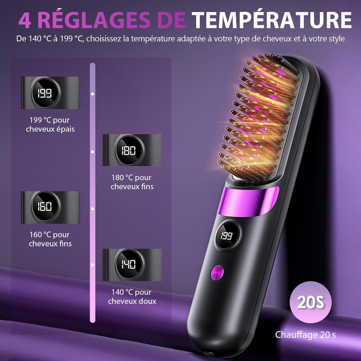 Brosse lissante sans fil - mini, céramique, 4 températures, portable