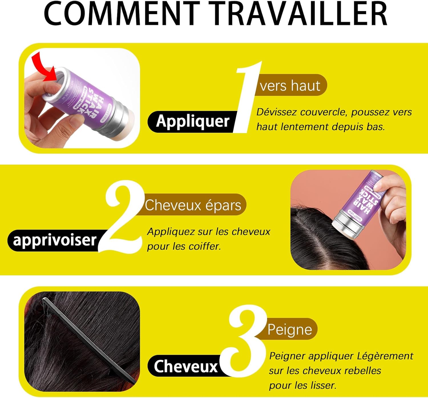 Bâton de cire pour cheveux - brosse lissante - anti-frisottis - idéal chignon et queue de cheval