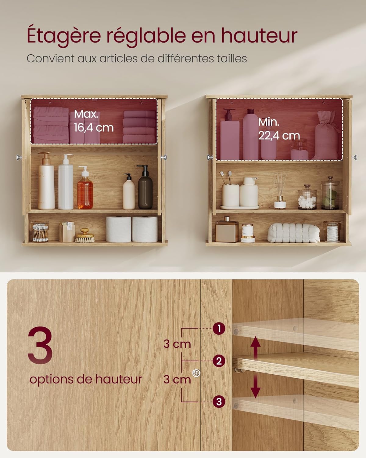 VASAGLE - armoire murale salle de bain - 13x56,5x58,5cm - 2 portes miroir et étagère réglable LHC003Y01