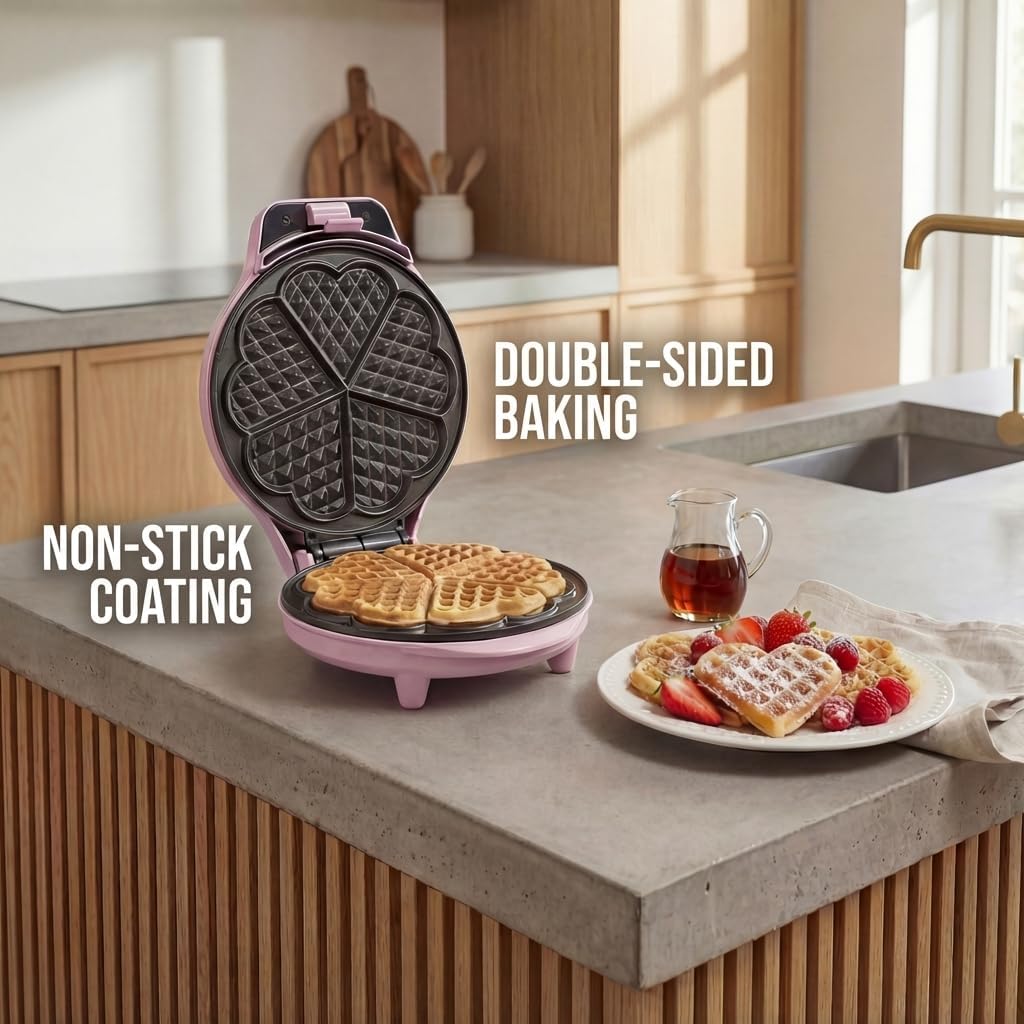 Bestron - Gaufrier rétro cœur, 700W, antiadhésif, rose, compact