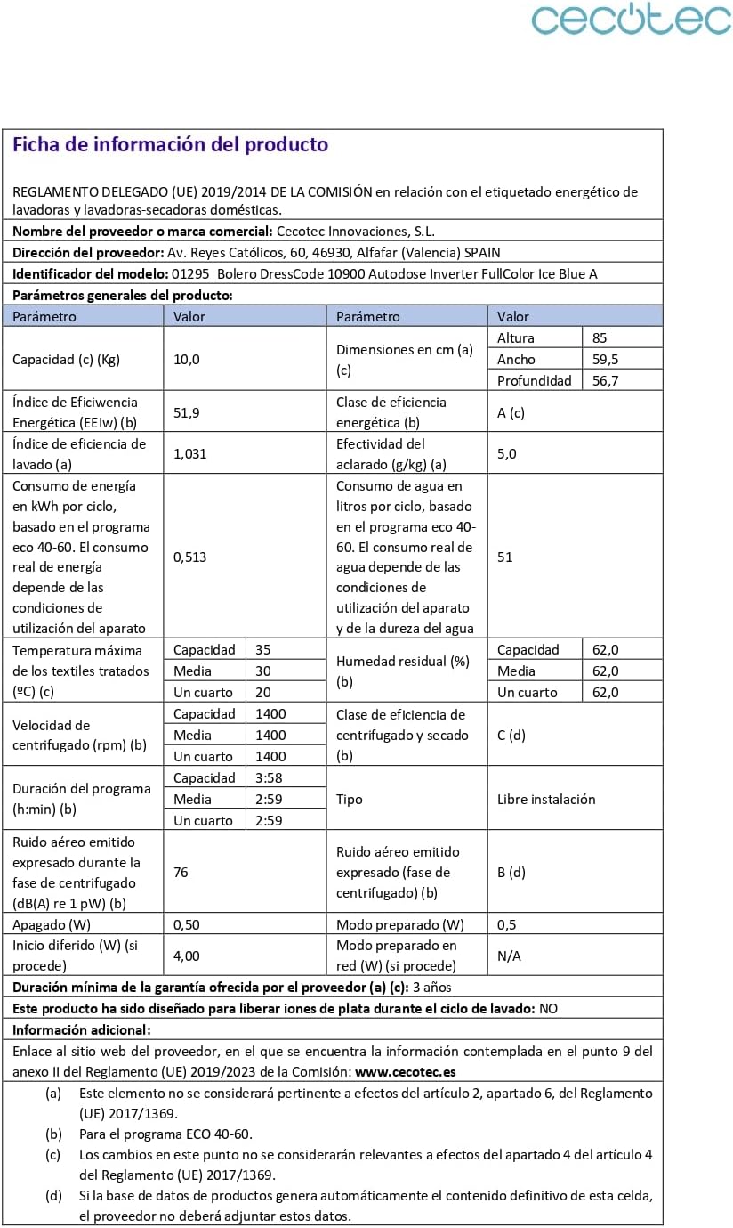 Cecotec - Bolero DressCode 10kg, 1400tr/min, écran 10,3