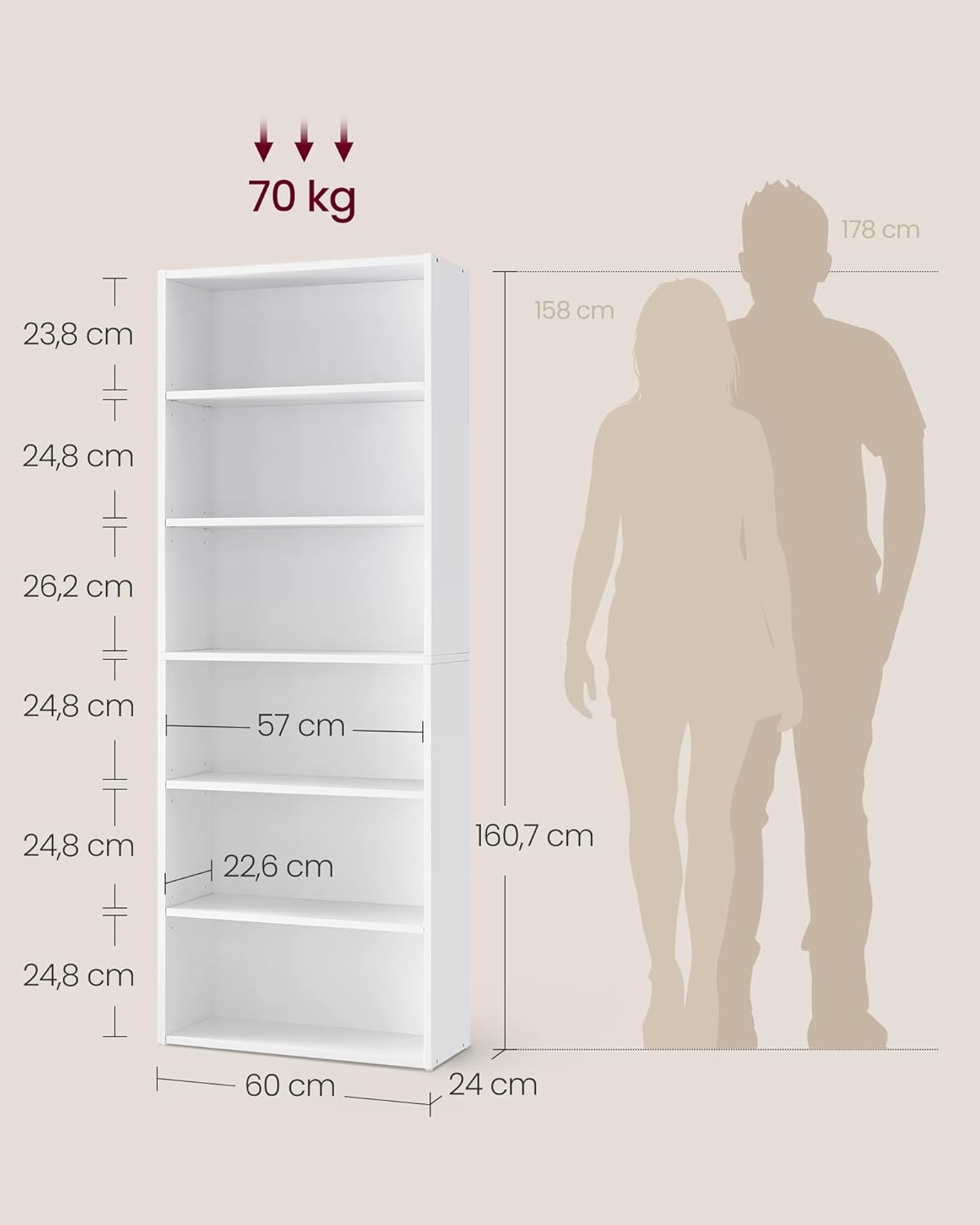 VASAGLE - bibliothèque 6 niveaux - 24x60x160,7 cm - blanc, ouverte, LBC166T14