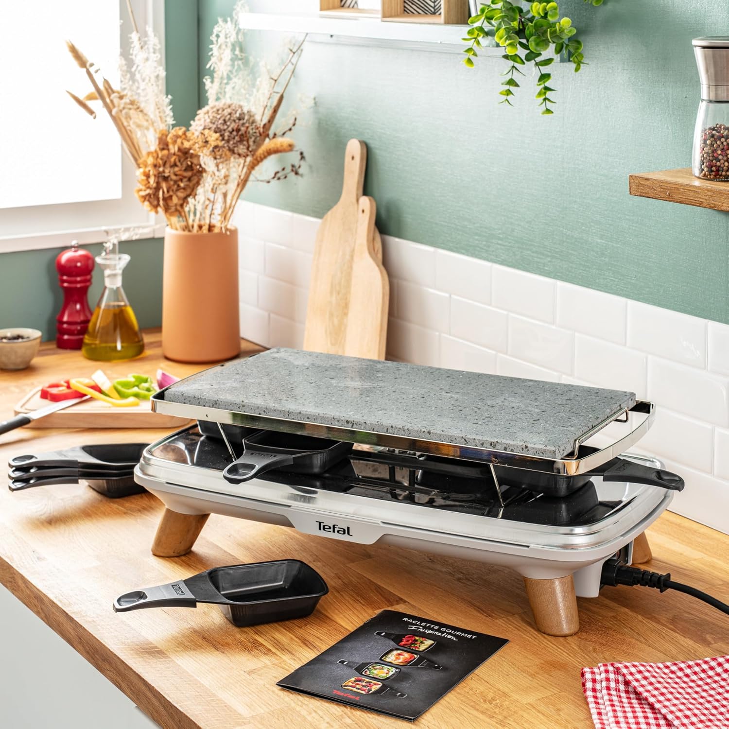 Tefal - Raclette Pierrade PR620D12 - 8 coupelles profondes, pierre naturelle, 1350W, pieds effet bois