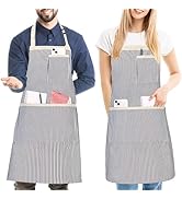 Tabliers rayés gris et blancs à poches multiples, portés par deux personnes. Les tabliers sont dotés de poches pour téléphone et de compartiments de rangement supplémentaires pour divers articles