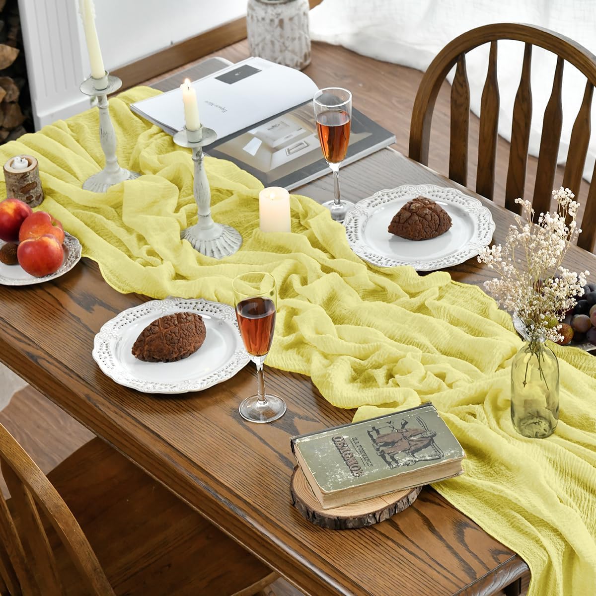 Artoid Mode - Chemins de Table Bohême - 300 cm - gaze mousseline jaune clair, décoration mariage / fête