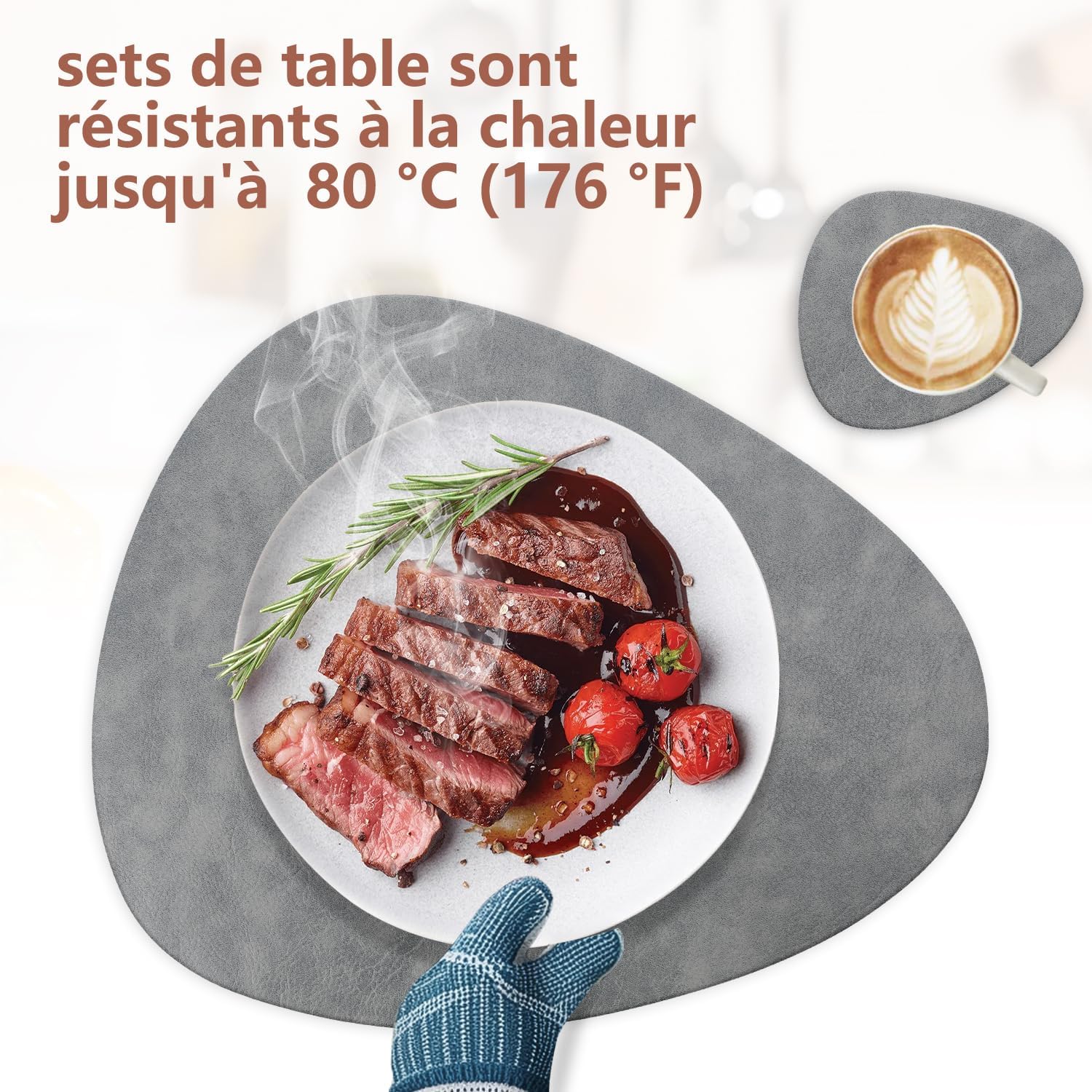 Set de table - lot de 6 ovales 41x33cm, cuir PU, lavable, antidérapant