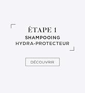 Le texte indique « ÉTAPE 1 SHAMPOOING DECOUVRIR ». Séquence de démonstration du produit montrant le processus de lavage ou de traitement des cheveux.
