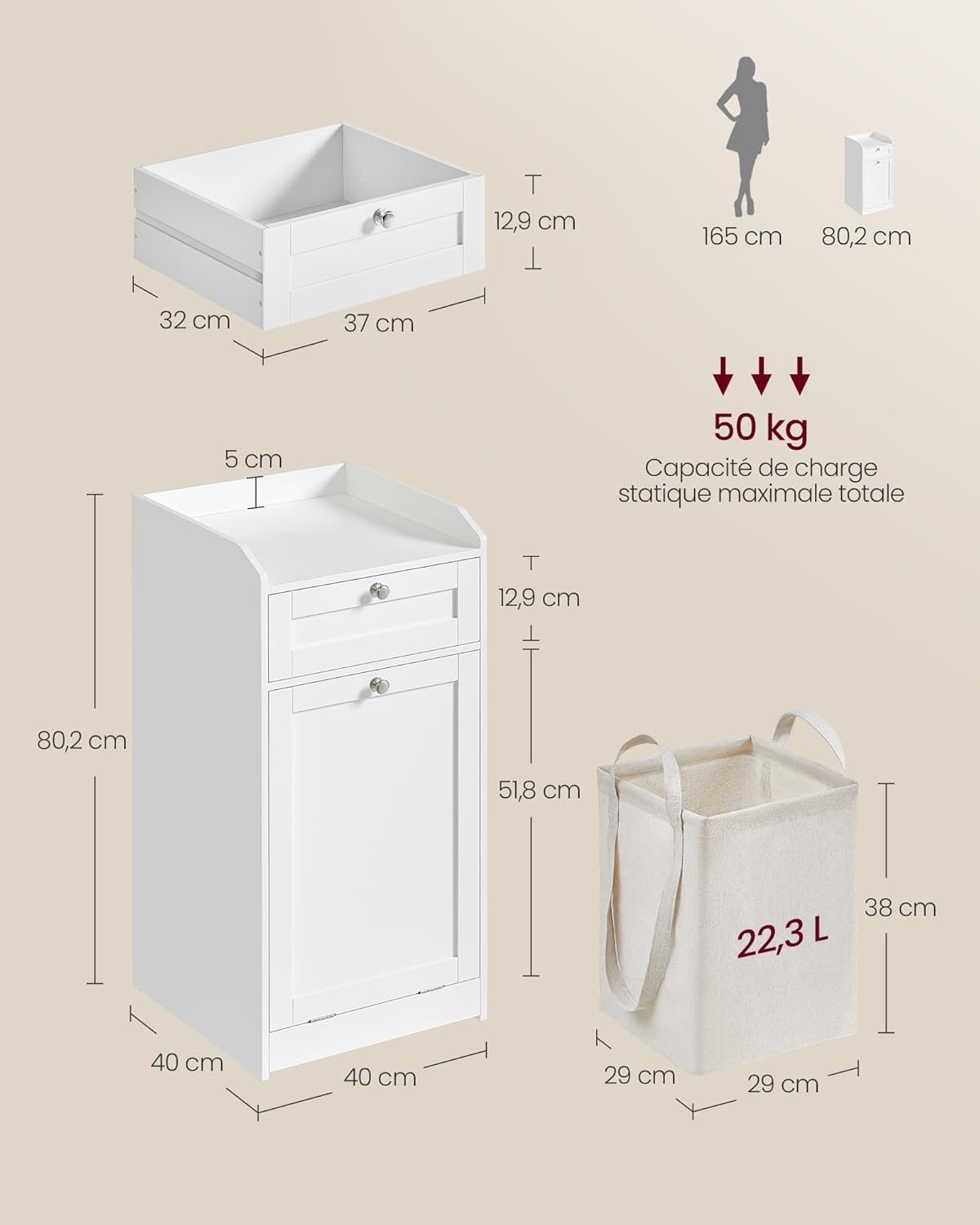 VASAGLE - meuble salle de bain avec panier linge, tiroir, 40x40x80,2 cm, blanc, BBC741W01