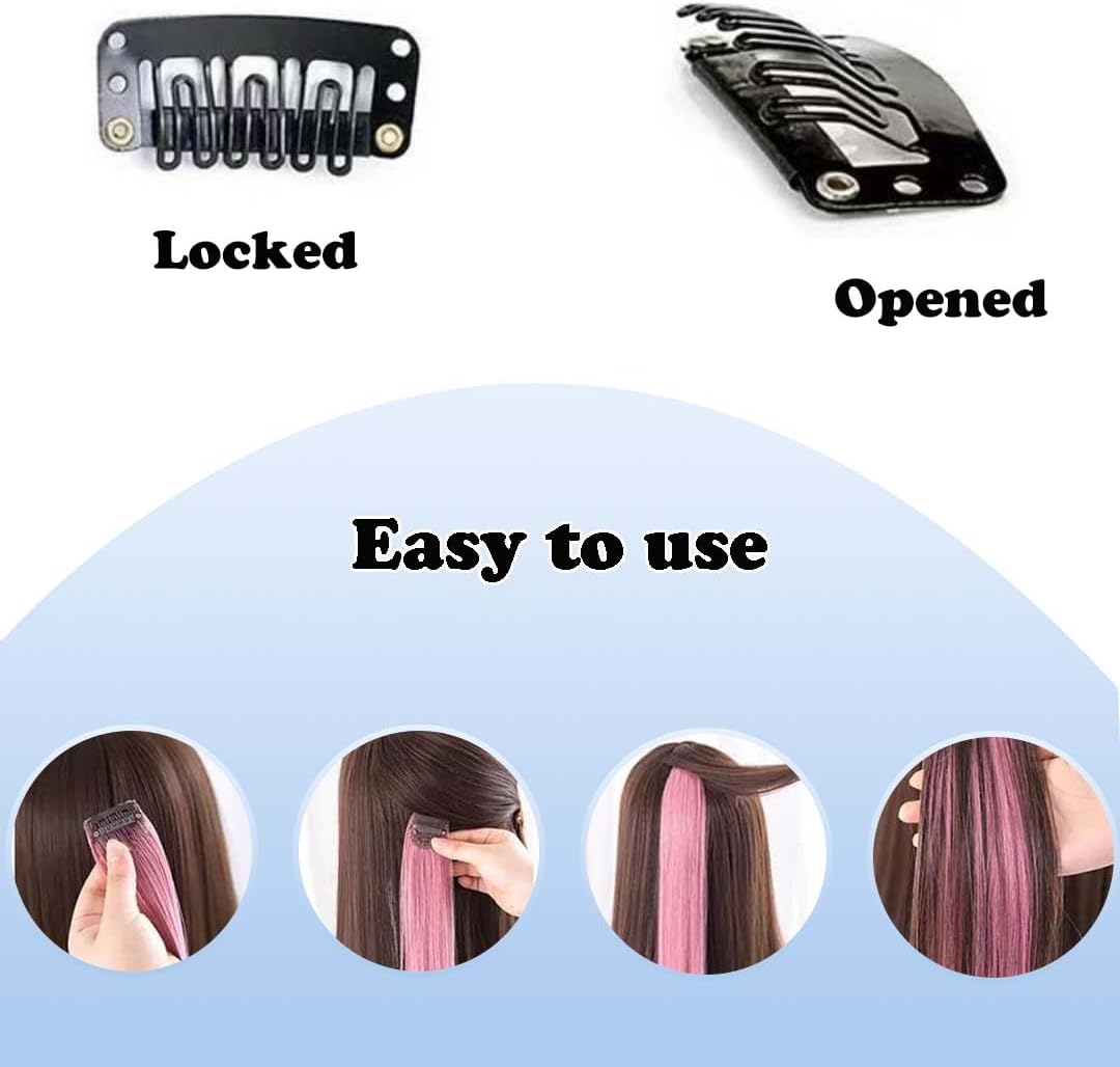 Extensions cheveux colorées à clipser, 12 pcs, noir, mèches longues