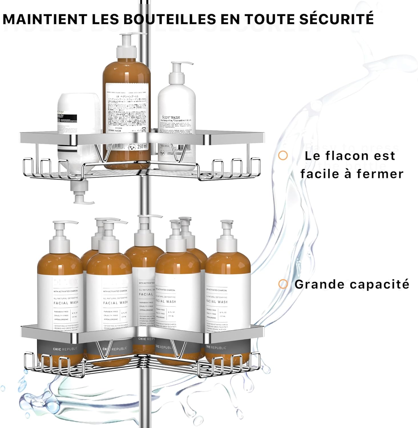 Kegii - étagère douche télescopique - hauteur réglable, 4 paniers - argent