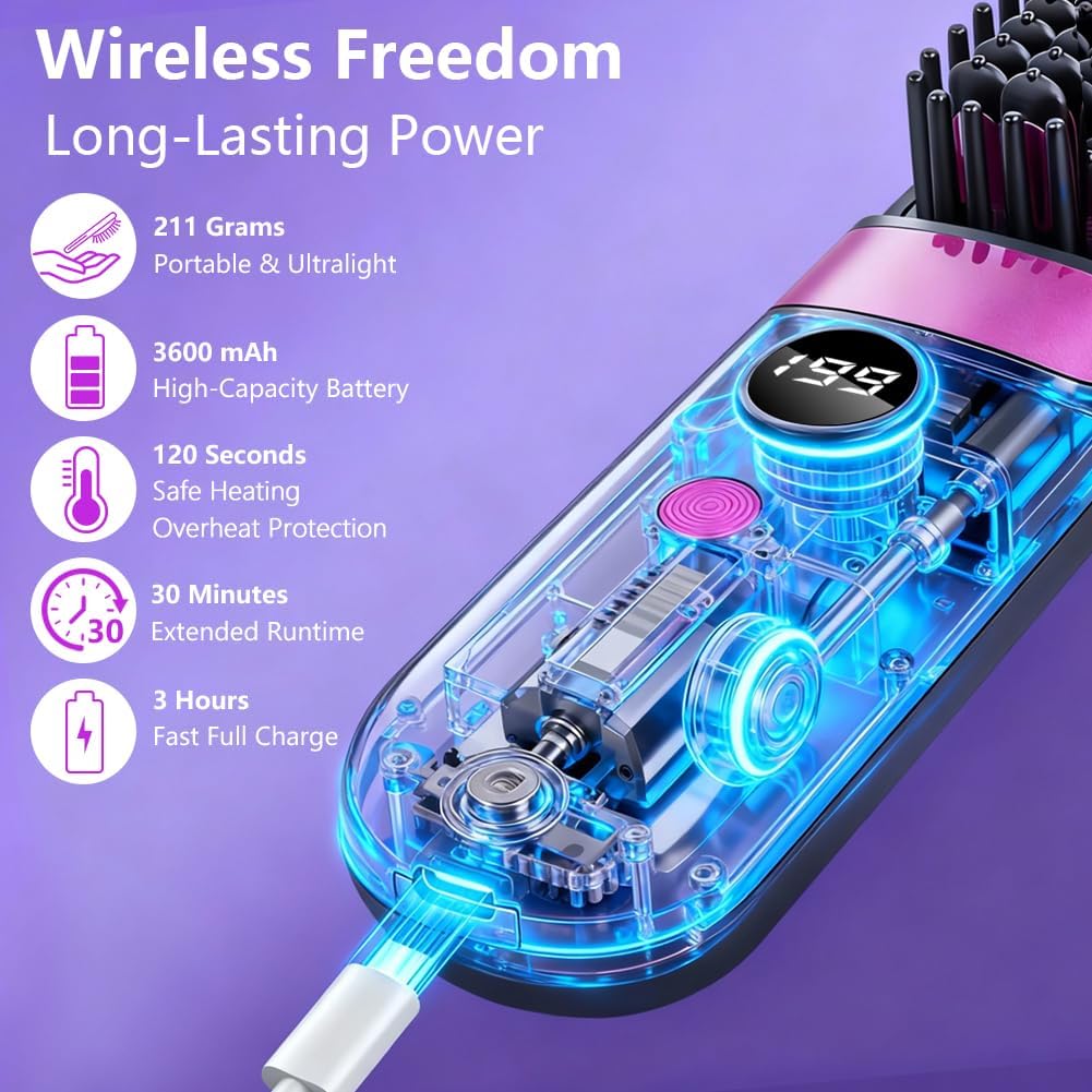 LOPHE - Brosse lissante sans fil - écran LED, 4 températures, 3600mAh