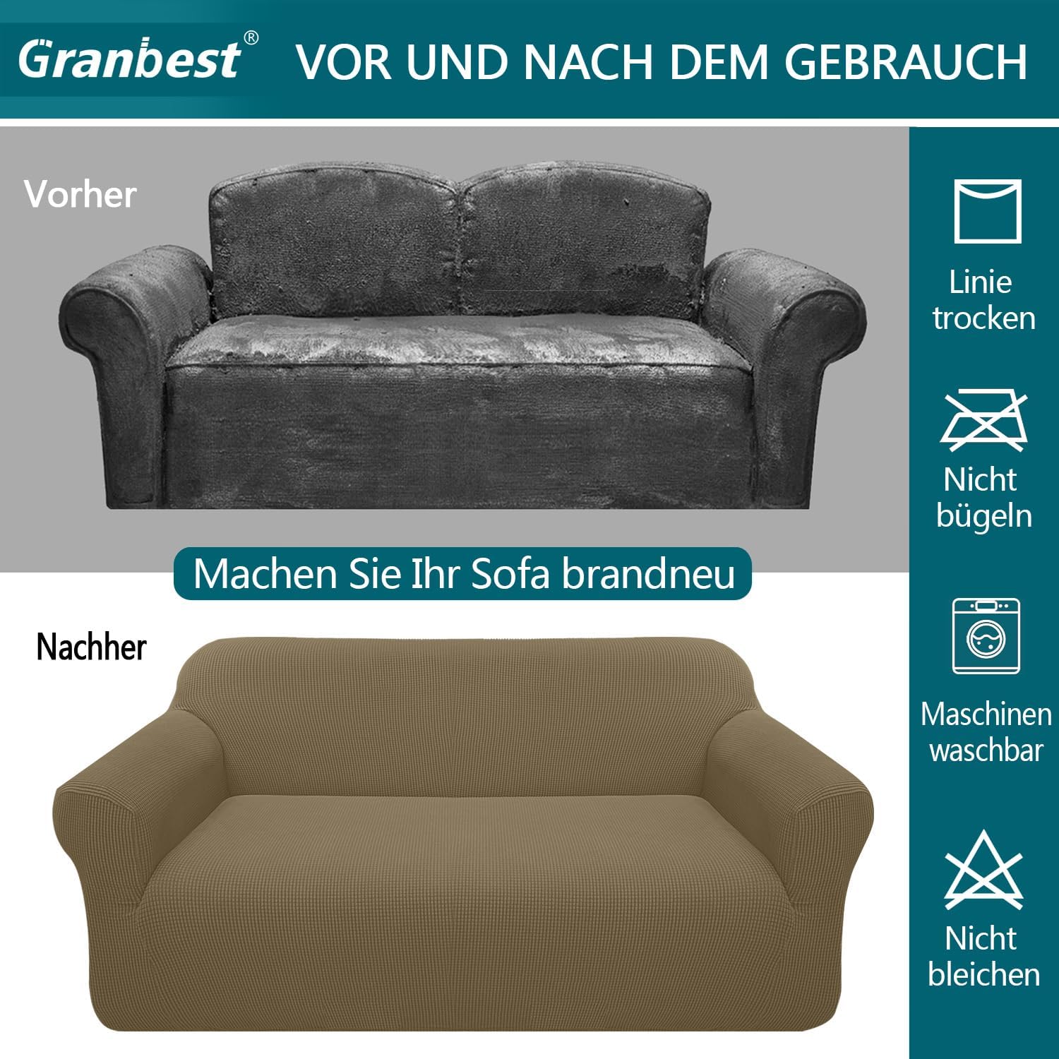 Granbest - housse de canapé jacquard 2 places - élastique, protection animaux, vert kaki