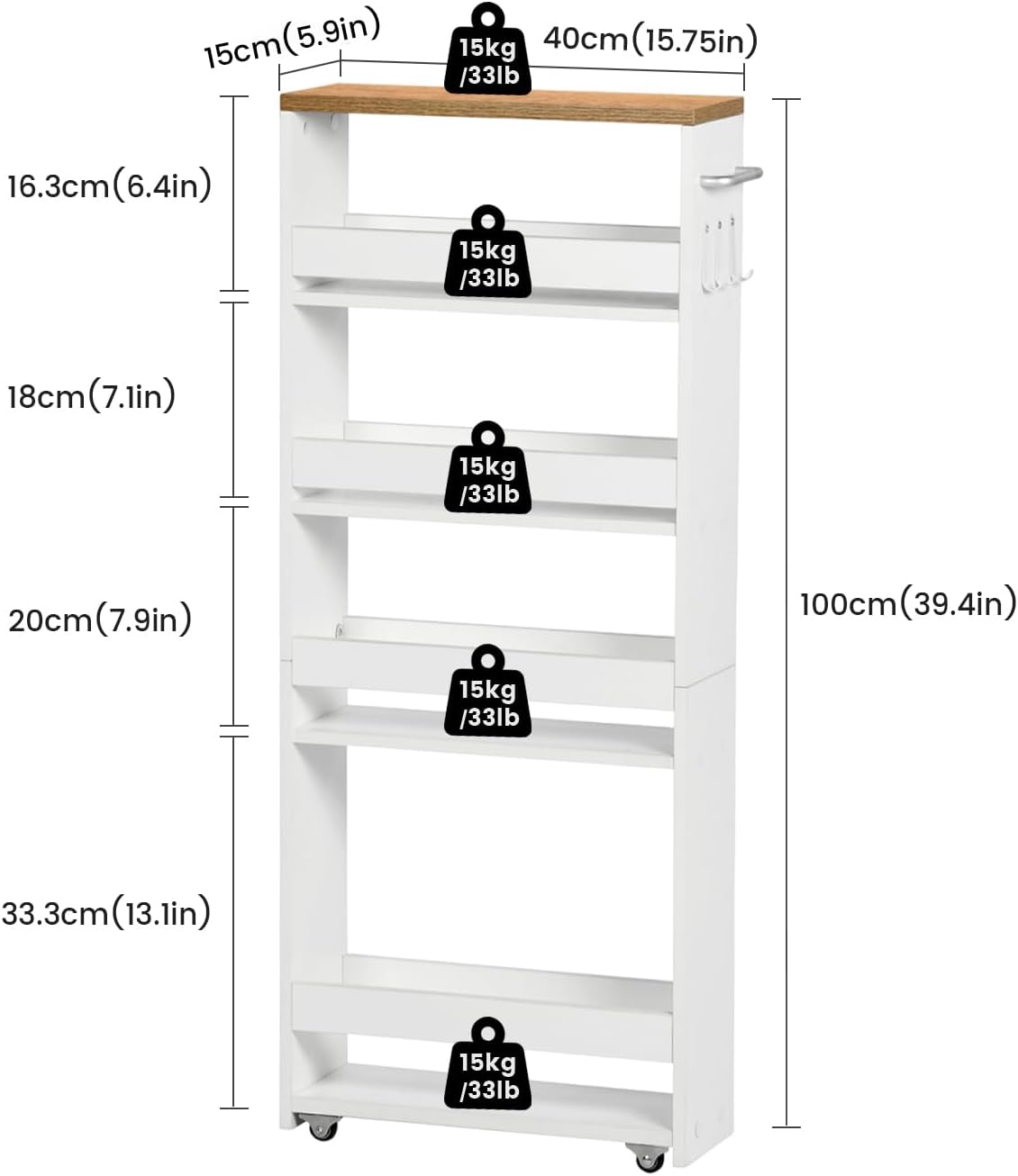Chariot de rangement - 5 niveaux, 15cm, roulettes, étroit, cuisine