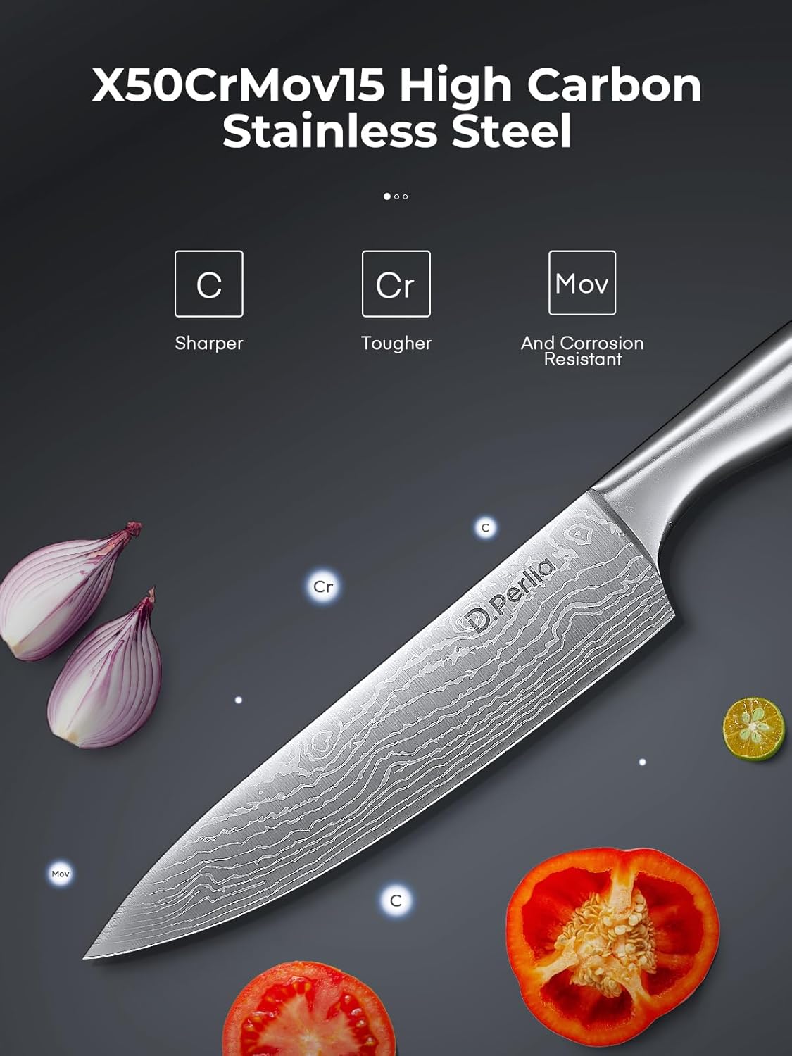 D.Perlla - Set cuisine 15 pièces - acier inox - bloc auto-affûtant