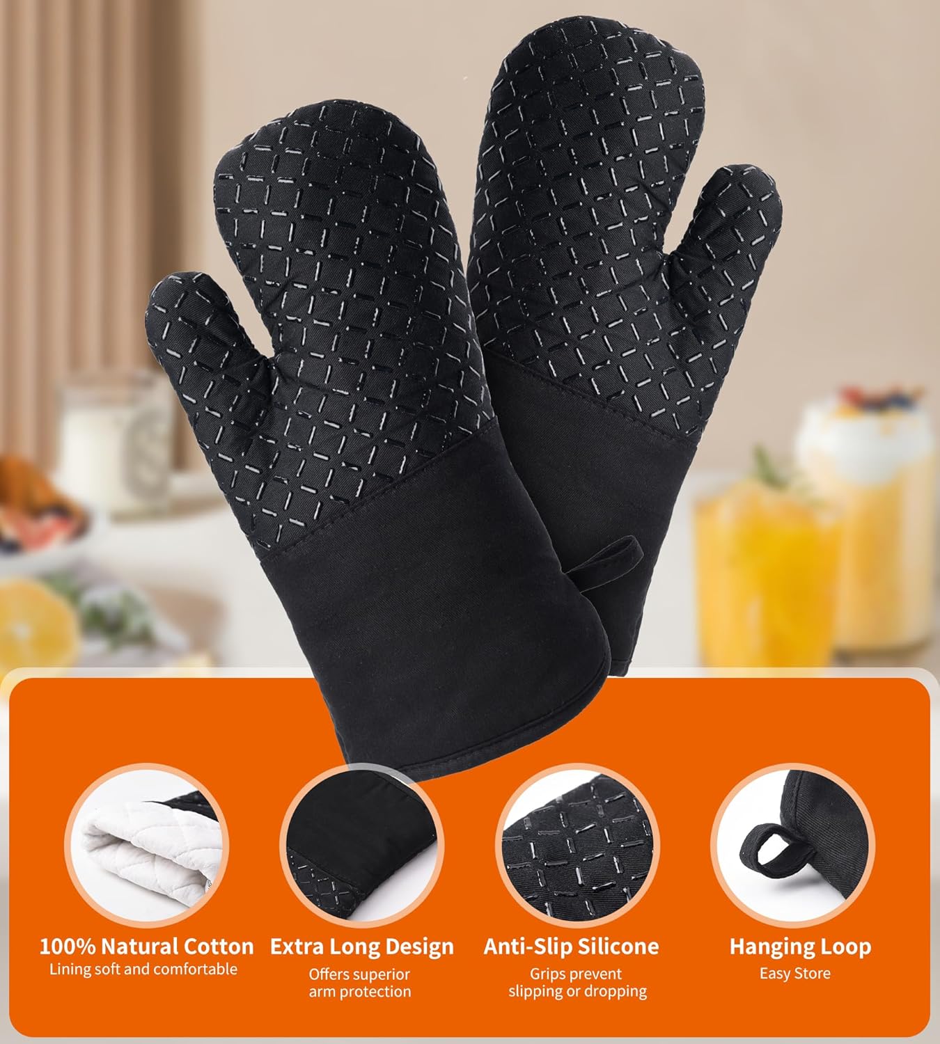Ankway - Gants de Cuisine épais silicone 30 cm - antidérapant, coton doux