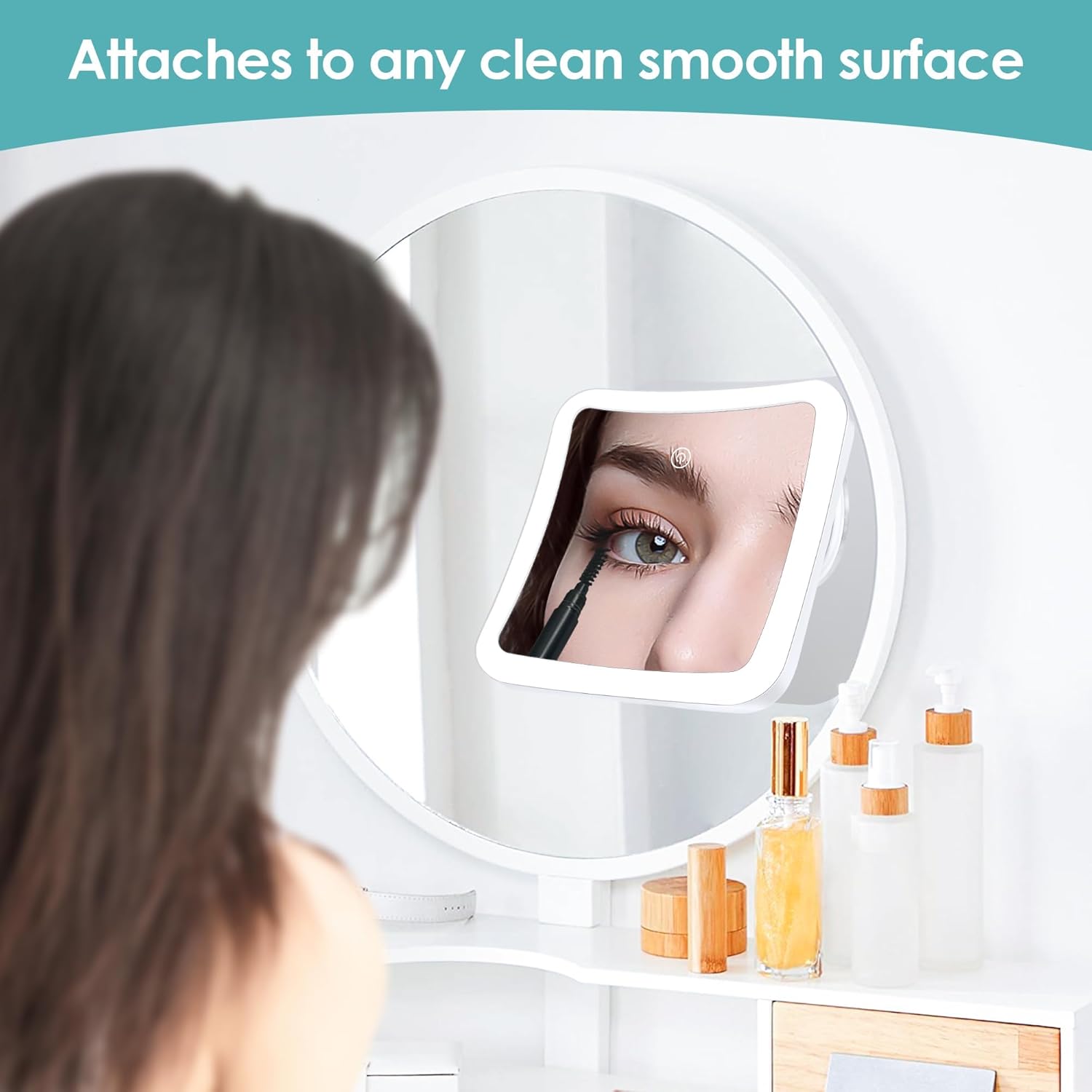 Miroir grossissant carré - 30x - lumineux, tactile, ventouse, rechargeable, rotation 360°