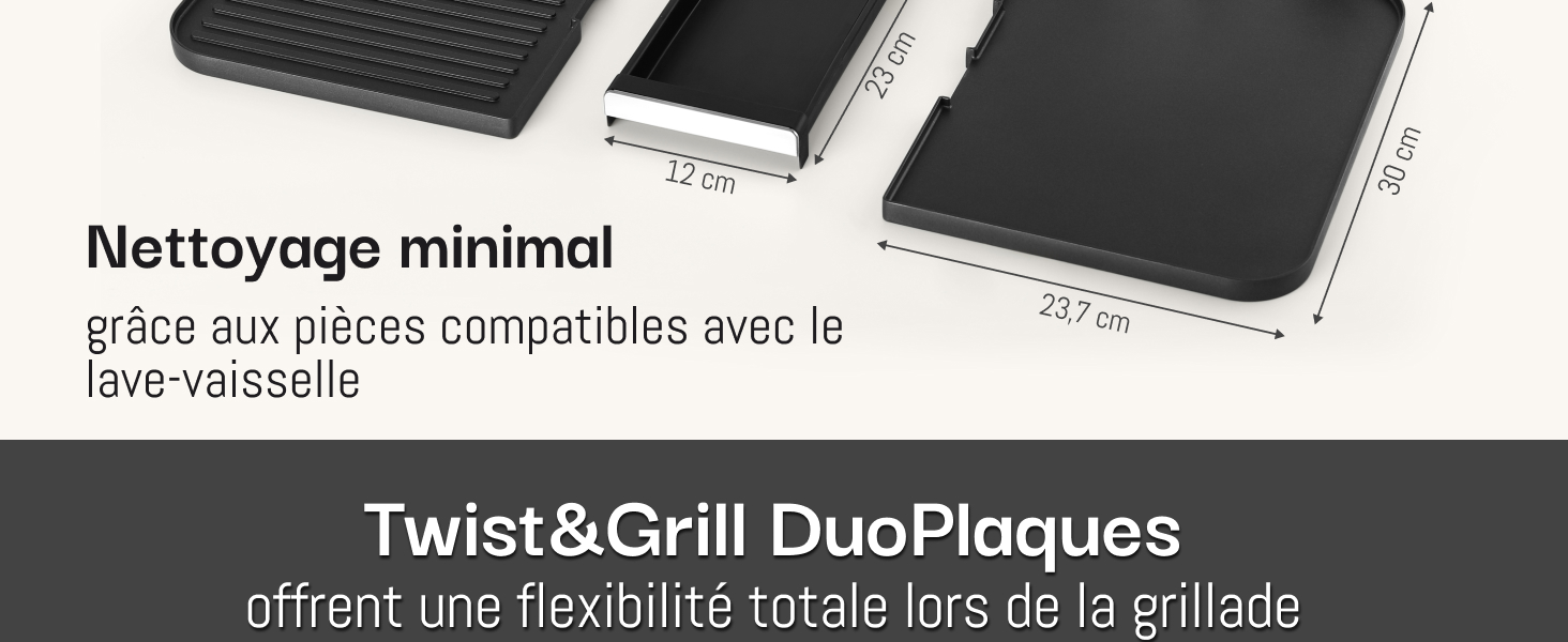 Trois plaques de cuisson modulaires noires de différentes tailles avec des surfaces texturées. Le texte français indique les composants lavables au lave-vaisselle et les options