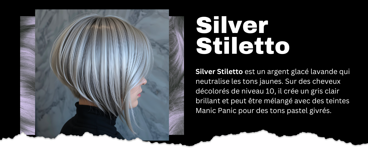 Gros plan de cheveux coiffés dans une couleur gris argenté avec des reflets fins et chatoyants. Les cheveux sont montrés de dos, soulignant l'effet multiton de la technique de coloration