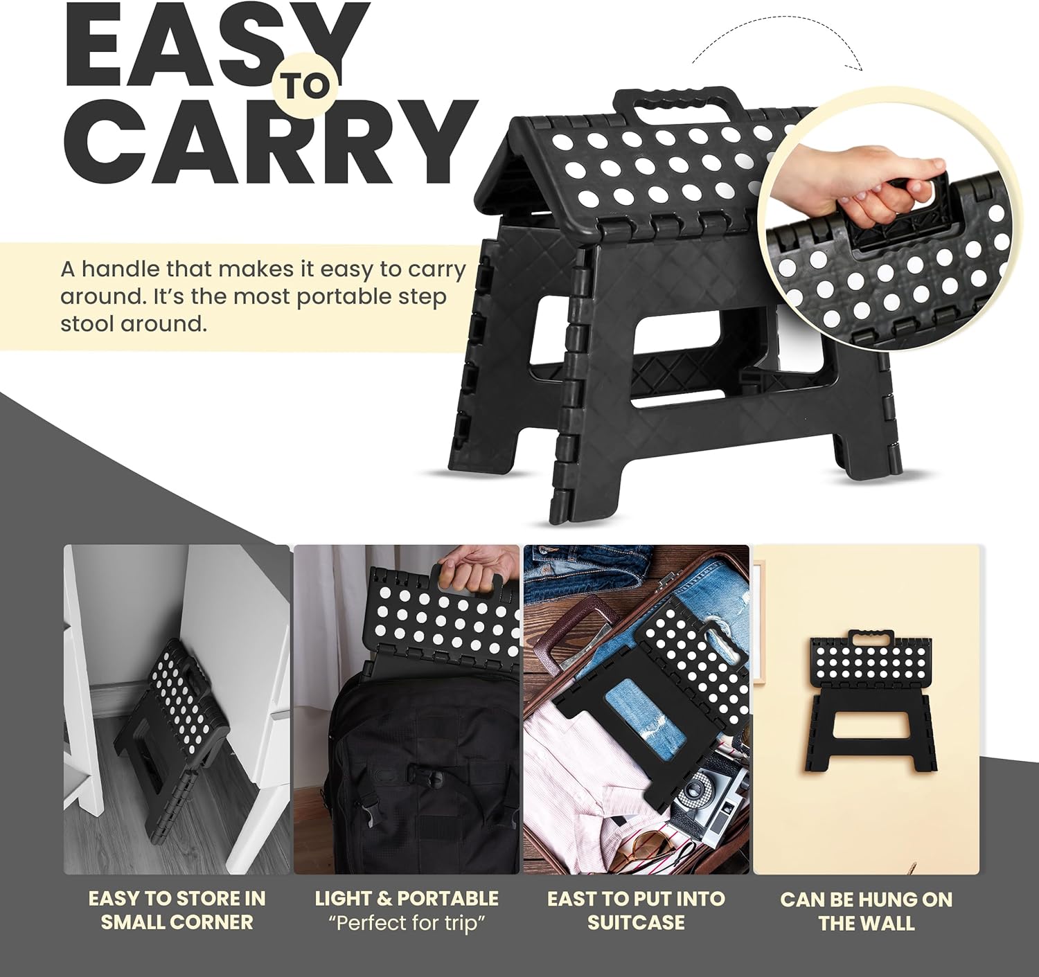 Utopia Home - tabouret pliant 23 cm - pack de 2, support 136 kg, poignée transport