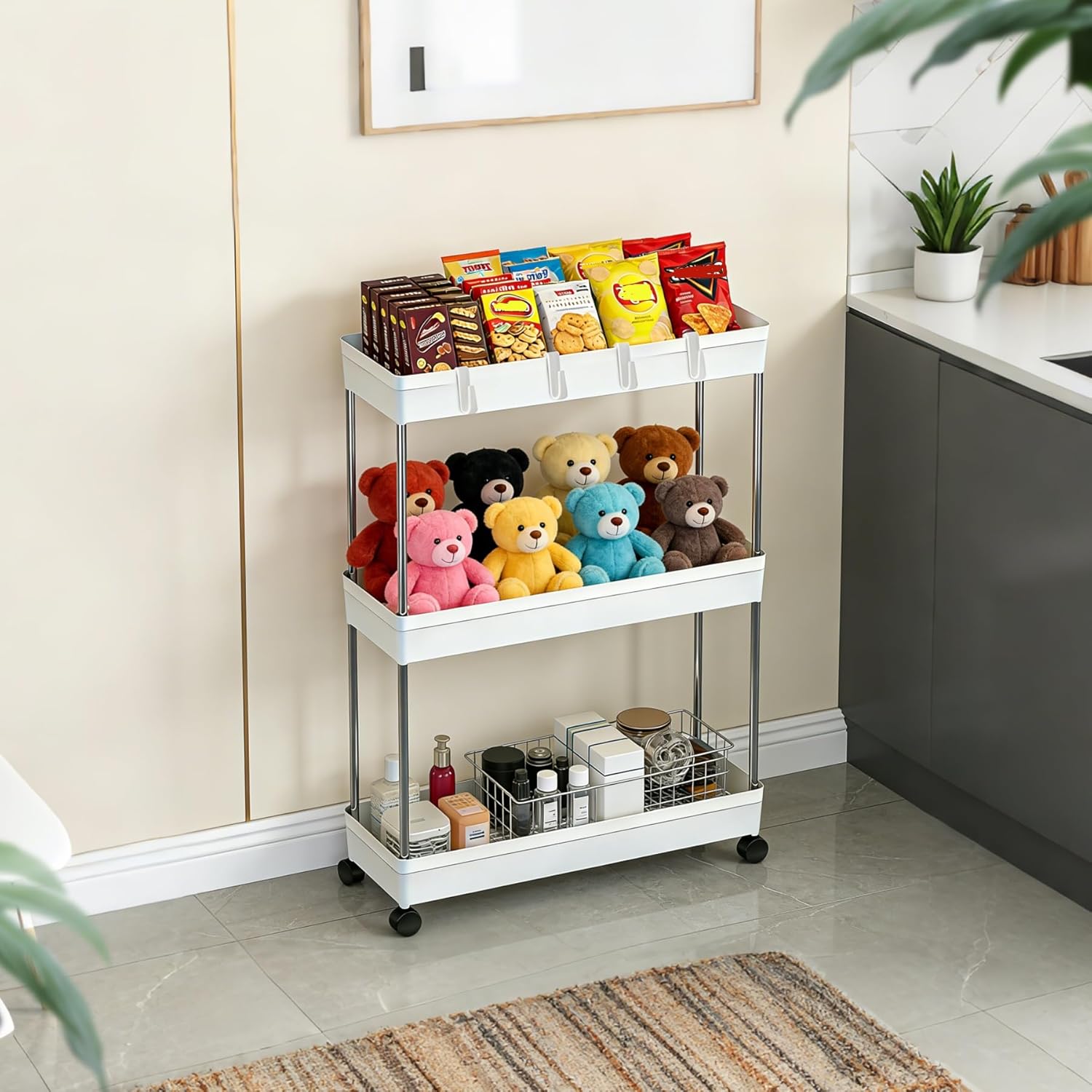Chariot de rangement 3 niveaux - étagère mobile blanche - cuisine et salle de bain - roulettes robustes - 40x22x86cm