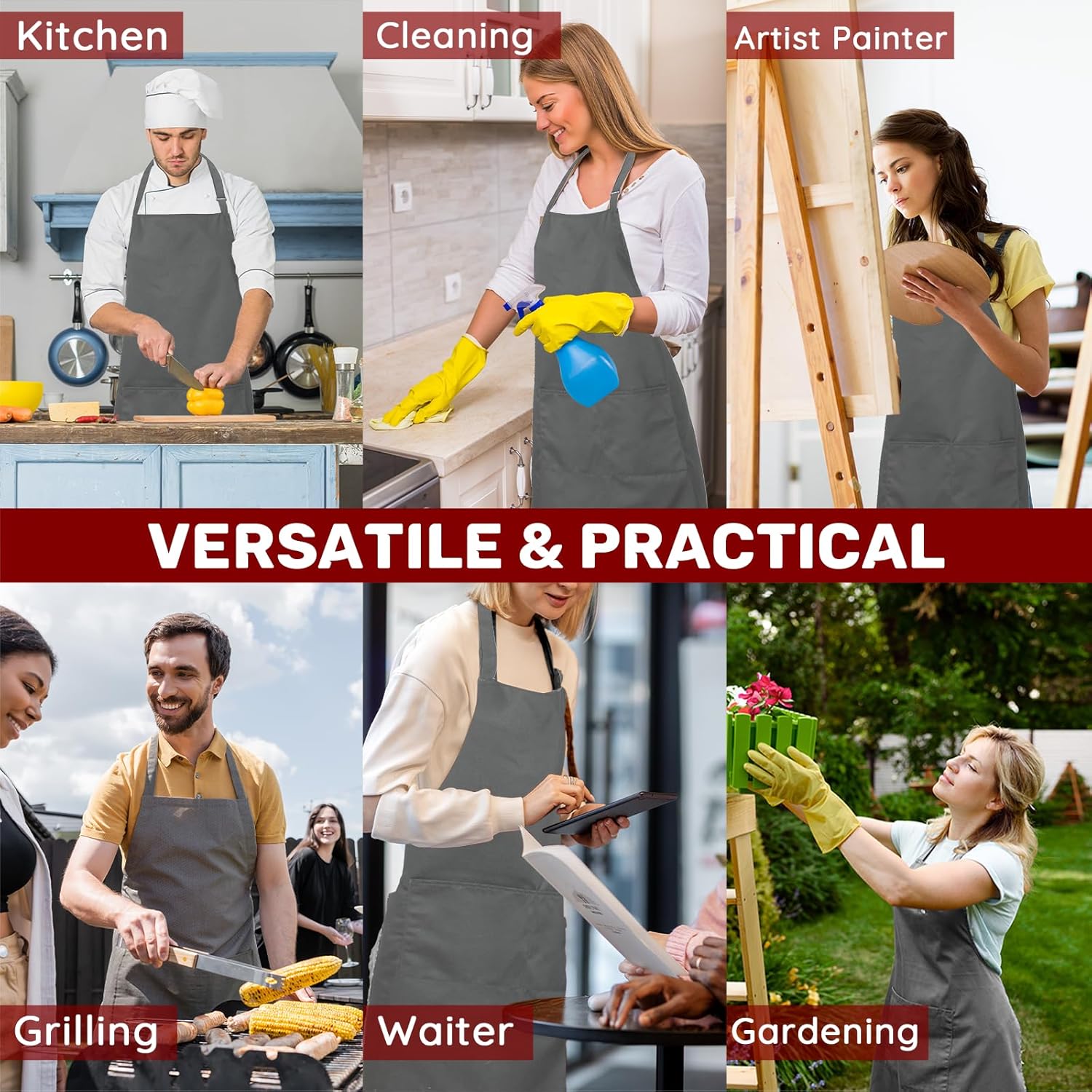 Tablier de Chef - lot de 2, unisexe, grandes poches, taille grande, usage professionnel