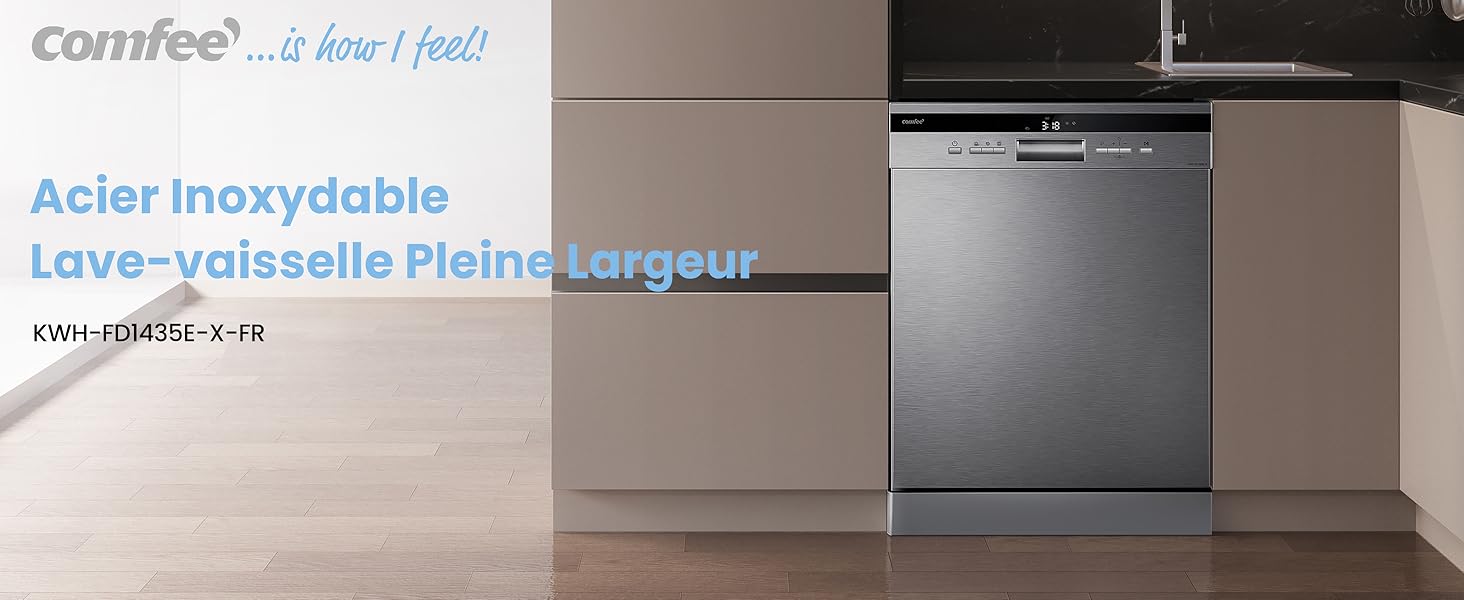 Lave-vaisselle encastré blanc avec panneau frontal en acier inoxydable illustré installé sous un comptoir de cuisine. Le modèle semble être un appareil de marque Comfee