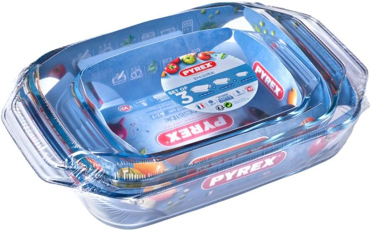 Pyrex - Lot de 3 Plats à Four - Rectangulaire - Larges poignées - Format Familial - Verre Borosilicate - Extrême Résistance - Made in France