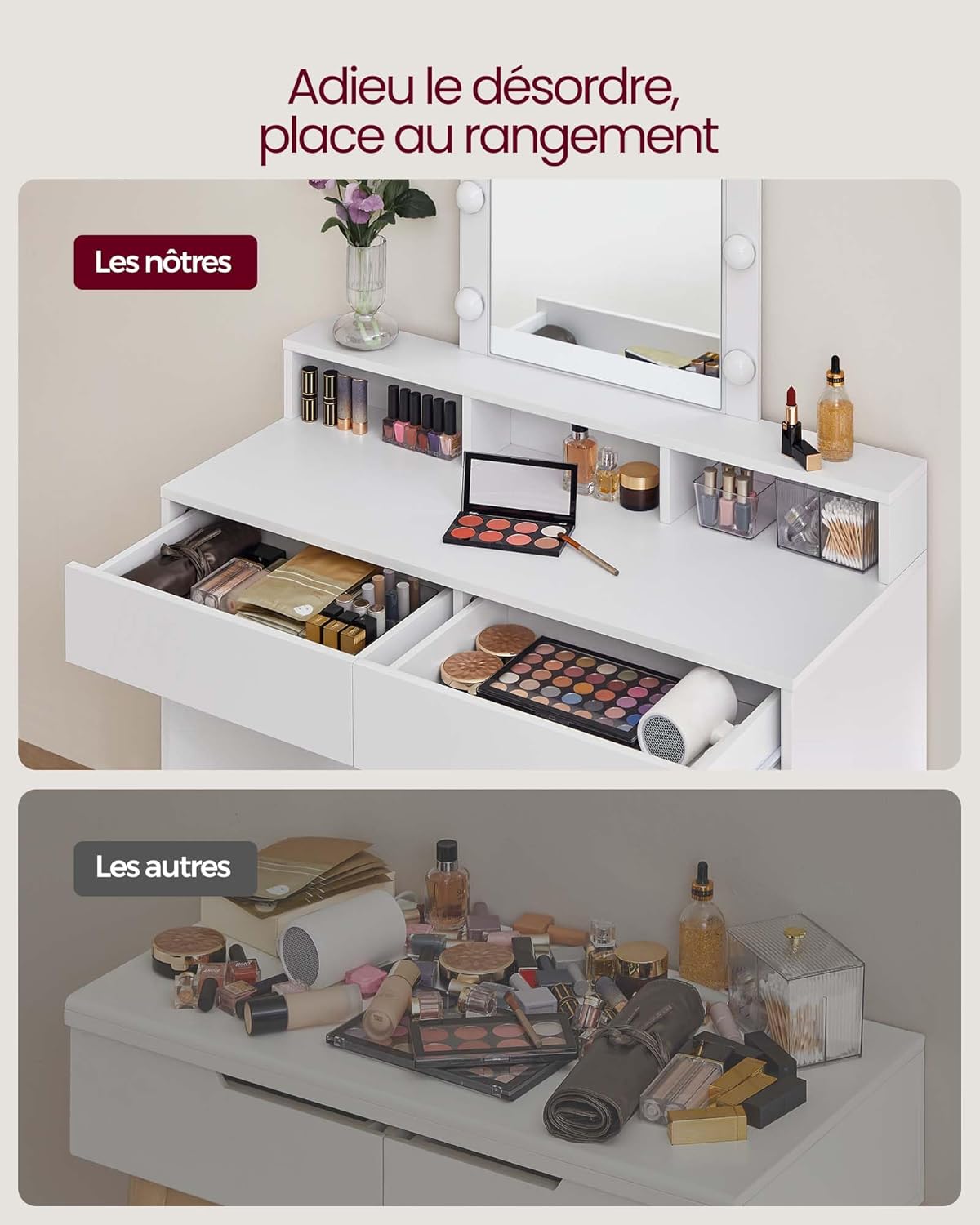 VASAGLE - KAILYN Collection - 100x40x145 cm - coiffeuse LED, 2 tiroirs, blanc RDT164W01