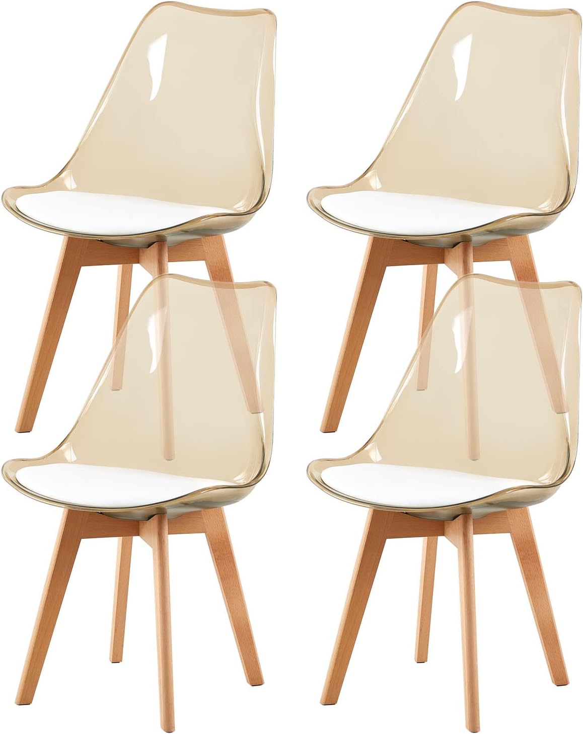 EGGREE - lot de 4 chaises scandinaves - bois hêtre - coussins cuir blanc, dossier transparent, testées SGS