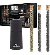 Le texte indique « ENSEMBLE DE POIVRONS GOURMET ». Récipient cylindrique noir illustré avec plusieurs bâtonnets de poivre ou d'épices exposés à côté de l'emballage.