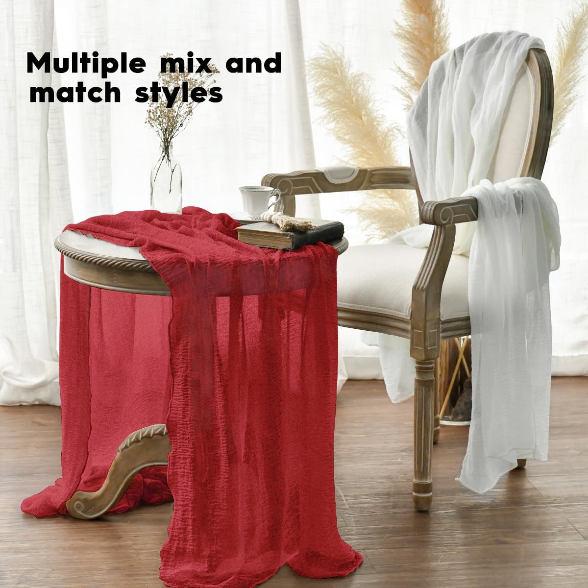 Artoid Mode - Chemins de table bohême gaze mousseline rouge - 300cm - déco mariage anniversaire