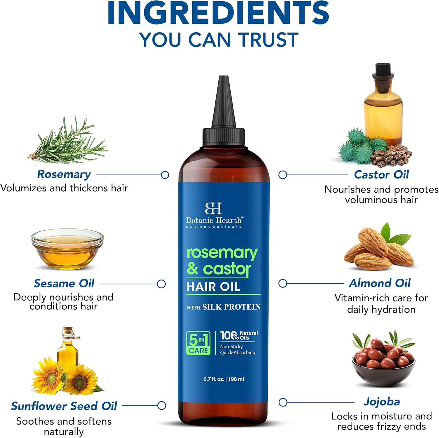 Botanic Hearth - Huile capillaire 200ml - romarin & ricin, cheveux épais, sans paraben