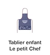 avec motif bleu marine et blanc, bordure rose et texte « Le petit Chef ». Produit intitulé 'Tablier enfant Le petit
