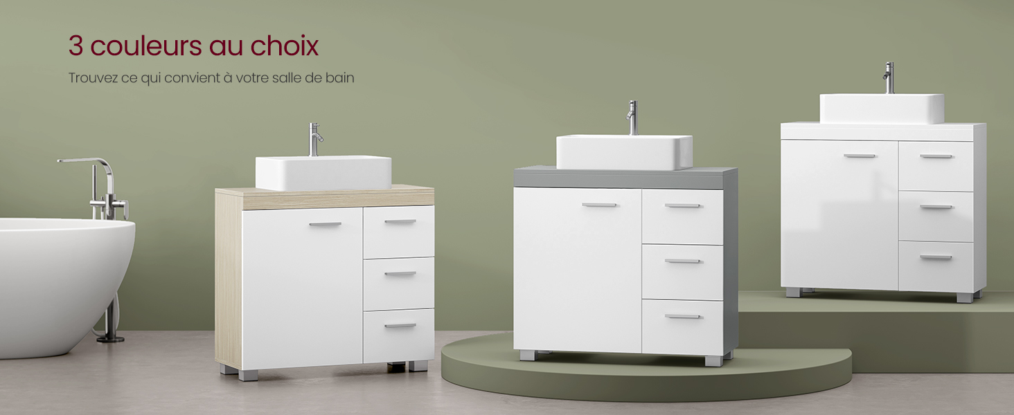 Trois armoires de salle de bain blanches avec lavabos disposées sur des plates-formes circulaires contre un mur végétalisé, présentant différentes options de taille avec des tiroirs de rangement intégrés.