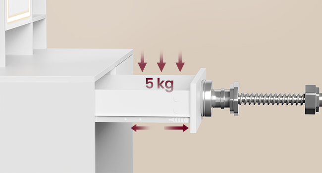 Schéma de montage mural montrant un marqueur de capacité de poids de « 5 kg » avec des flèches rouges et une illustration de la quincaillerie des vis de montage en métal.