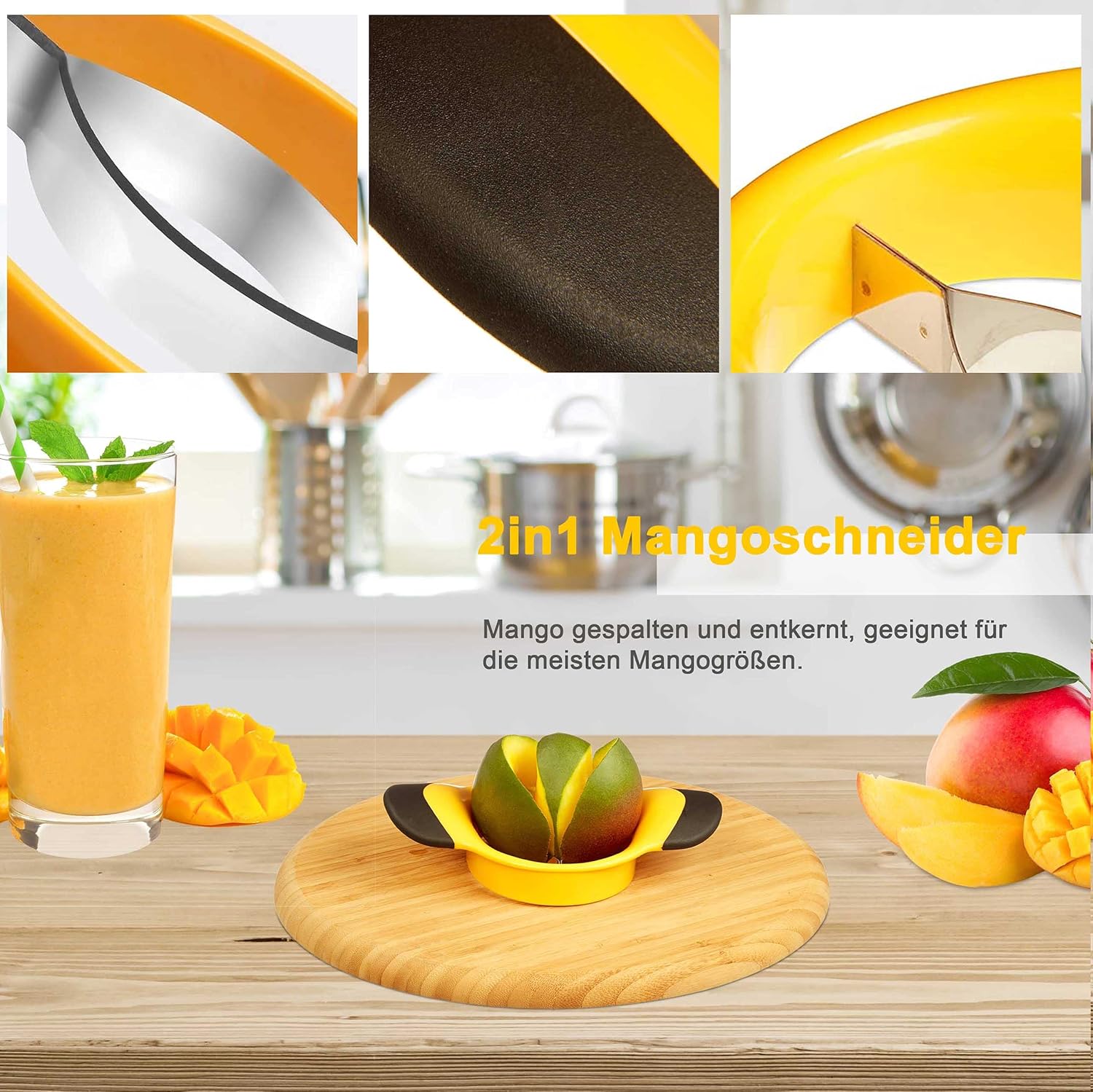 Trancheuse à mangue - lame inoxydable, coupe et carottage facile - jaune