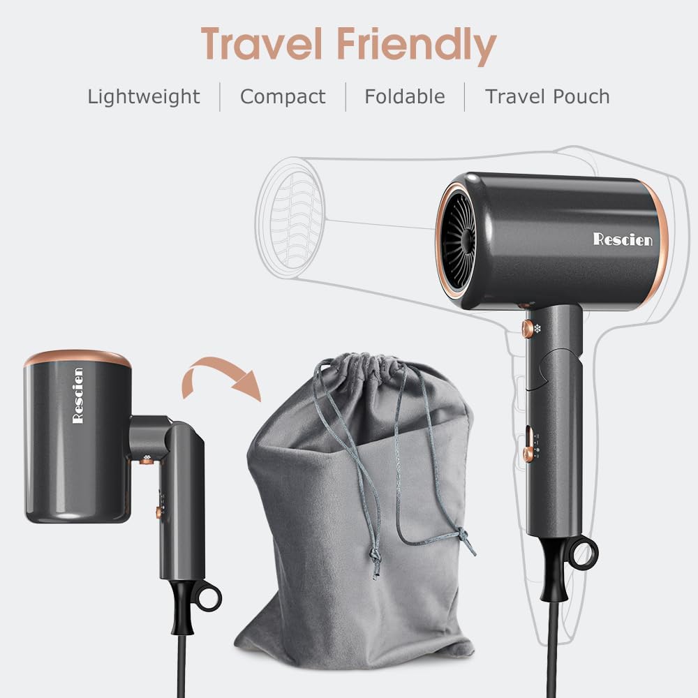 Sèche-cheveux ionique - 2400W compact - 3 vitesses, 3 températures, accessoires, sac de rangement